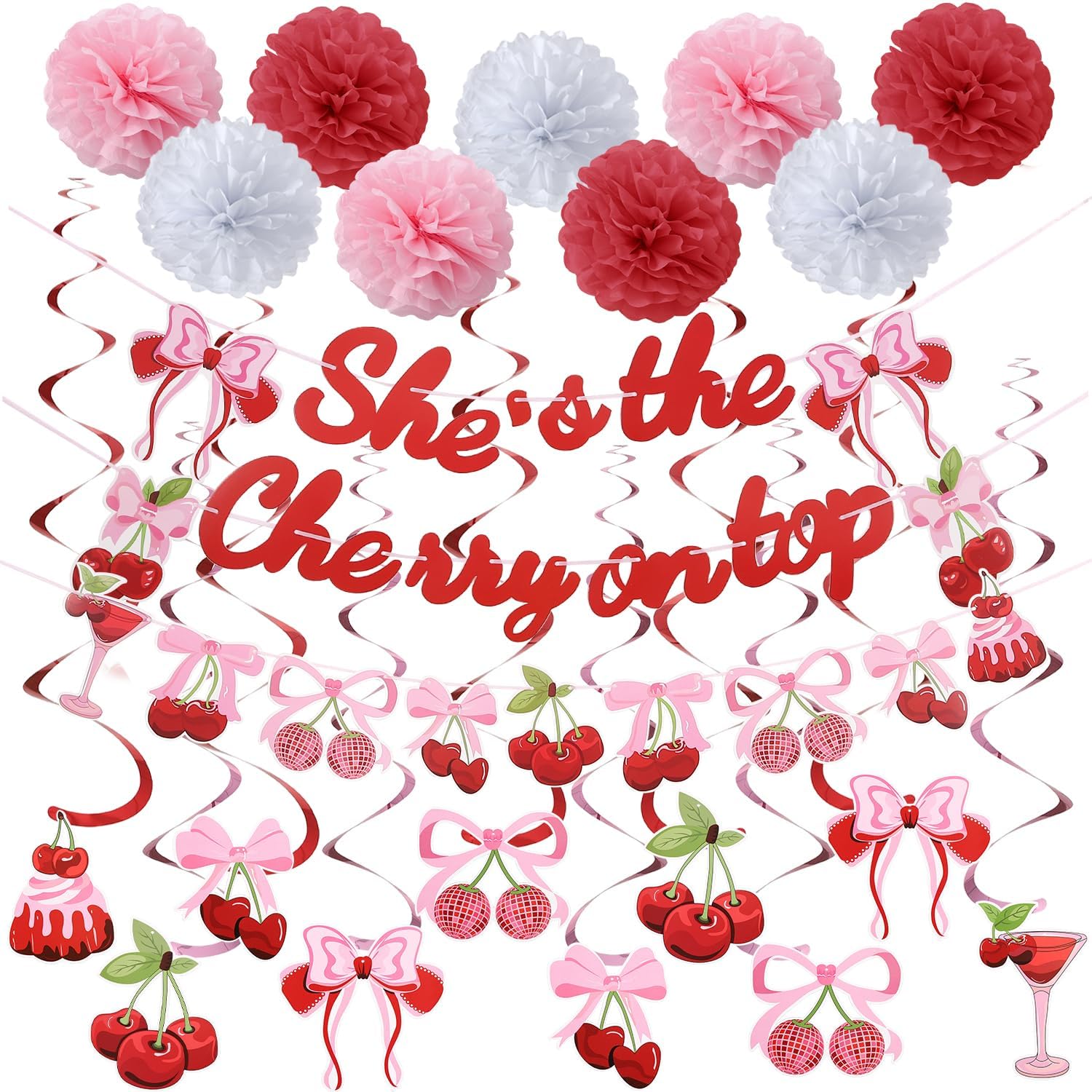 Cherry Birthday Decorations 9 Pom Poms 10 Swirls