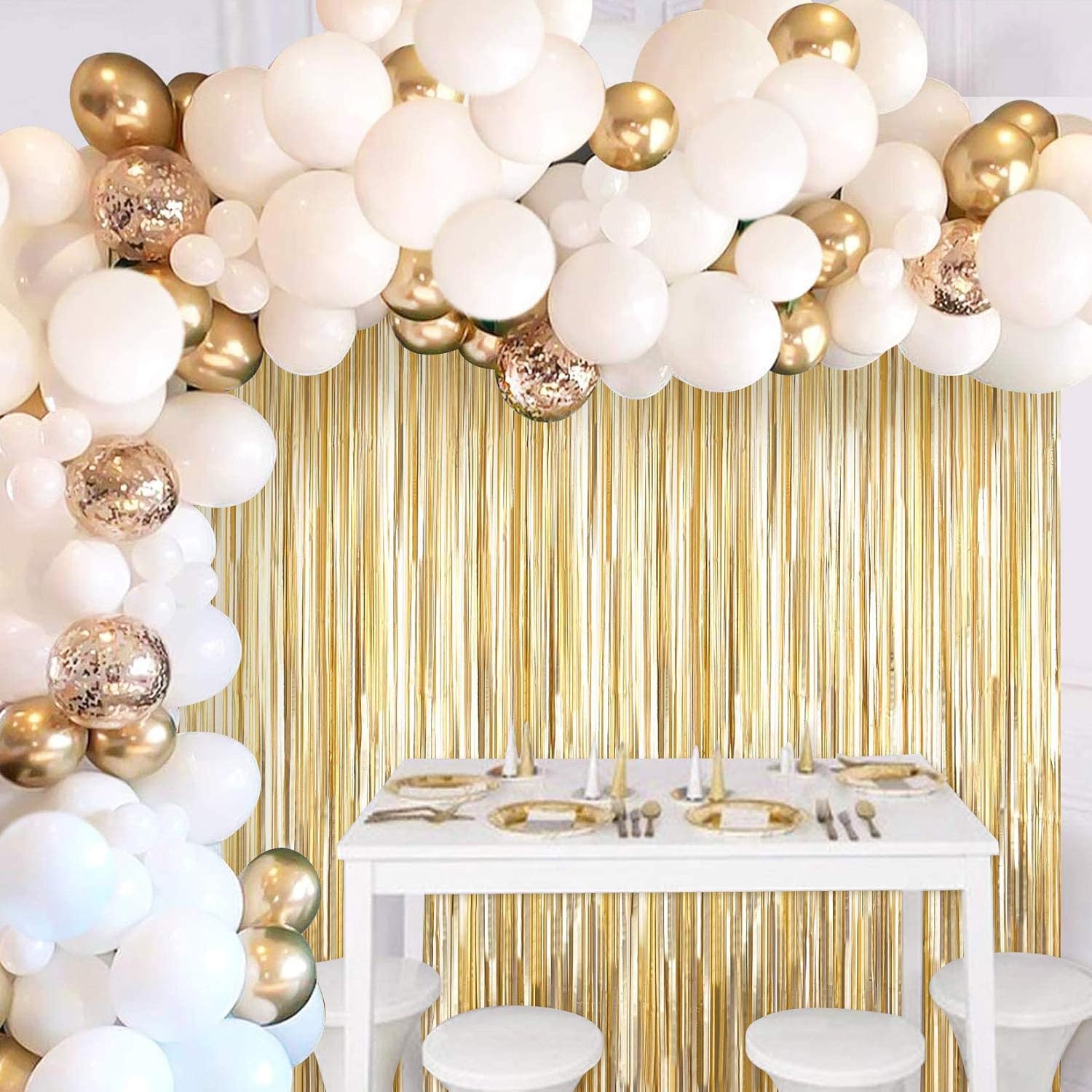 JOYYPOP White Gold Balloon Garland Kit with Tinsel Curtain