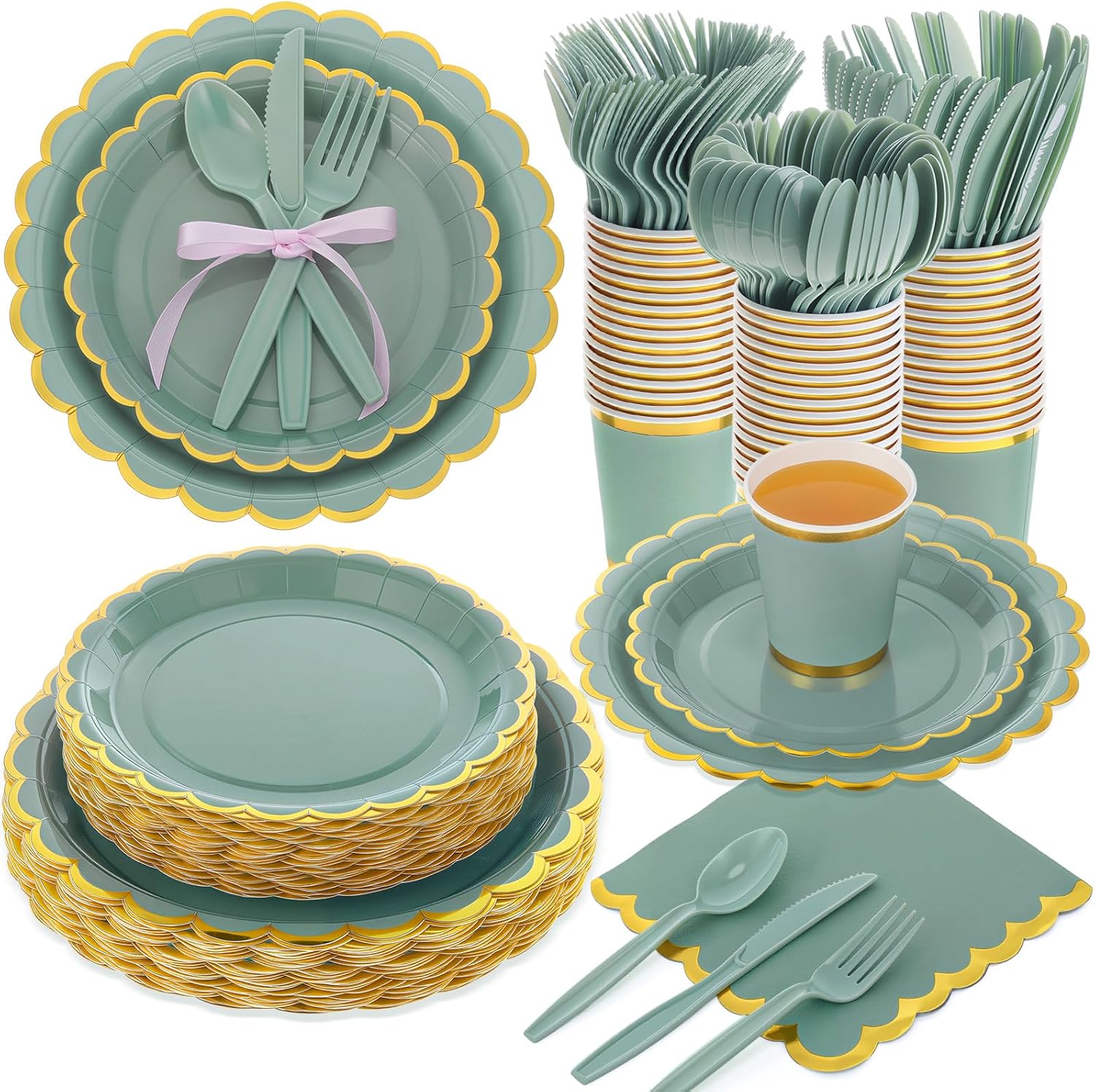 350 Pcs Sage Green Gold Foil Party Set for 50 Guests