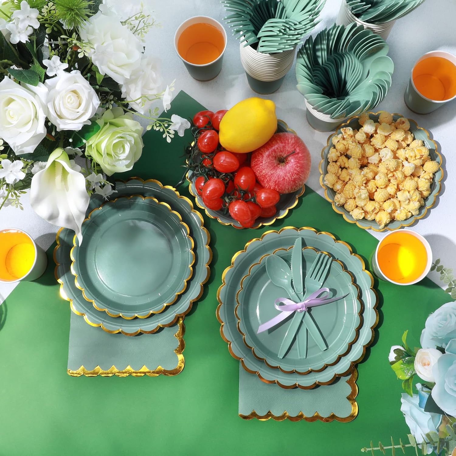 350 Pcs Sage Green Gold Foil Party Set for 50 Guests