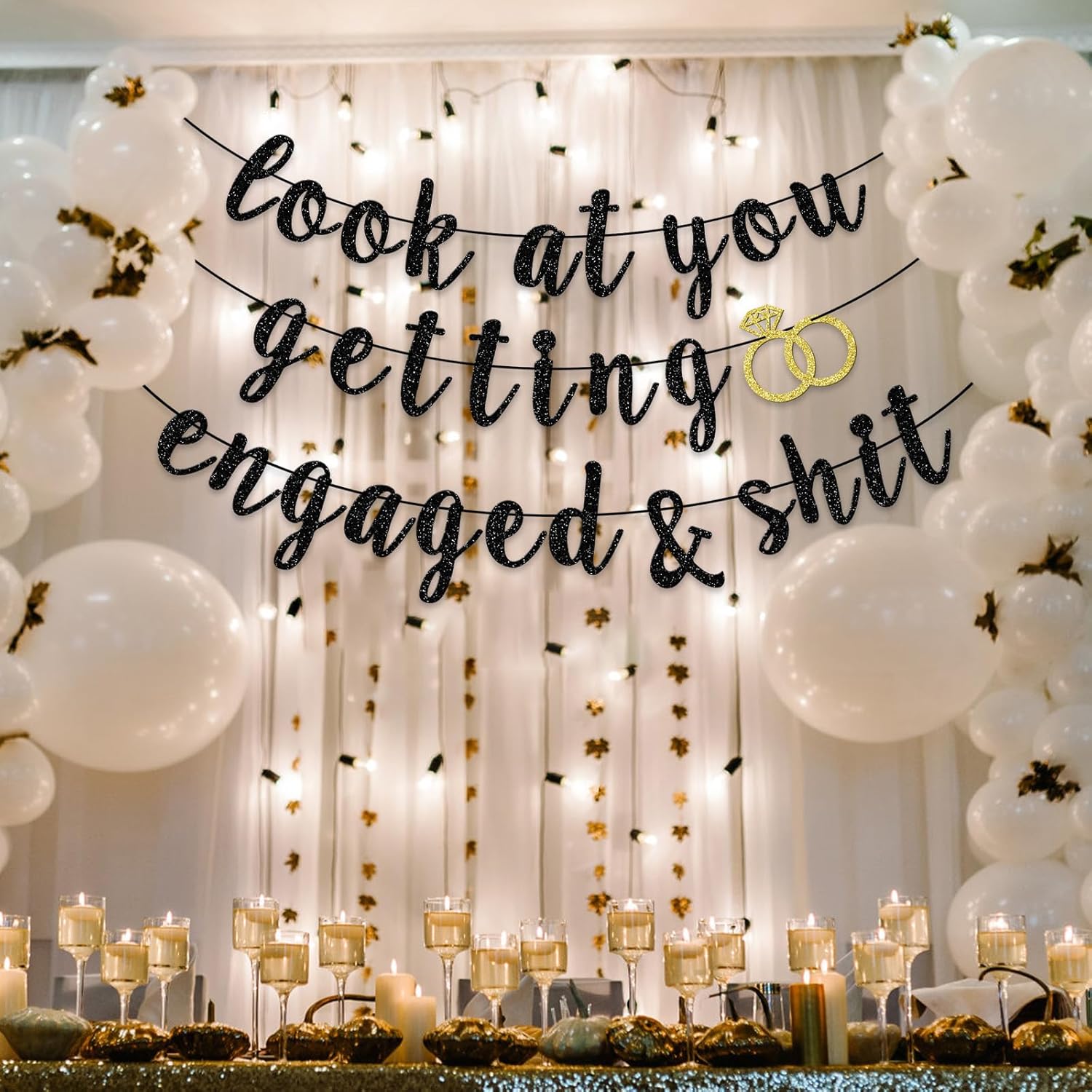 Funny Engaged Banner with Black Glitter