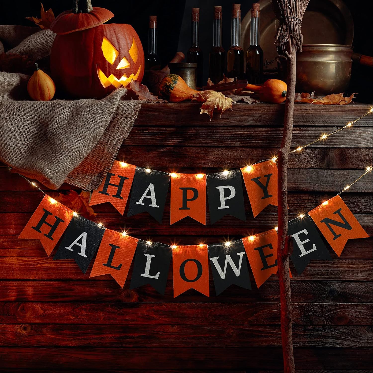Happy Halloween Fabric Banner with String Light for Fireplace