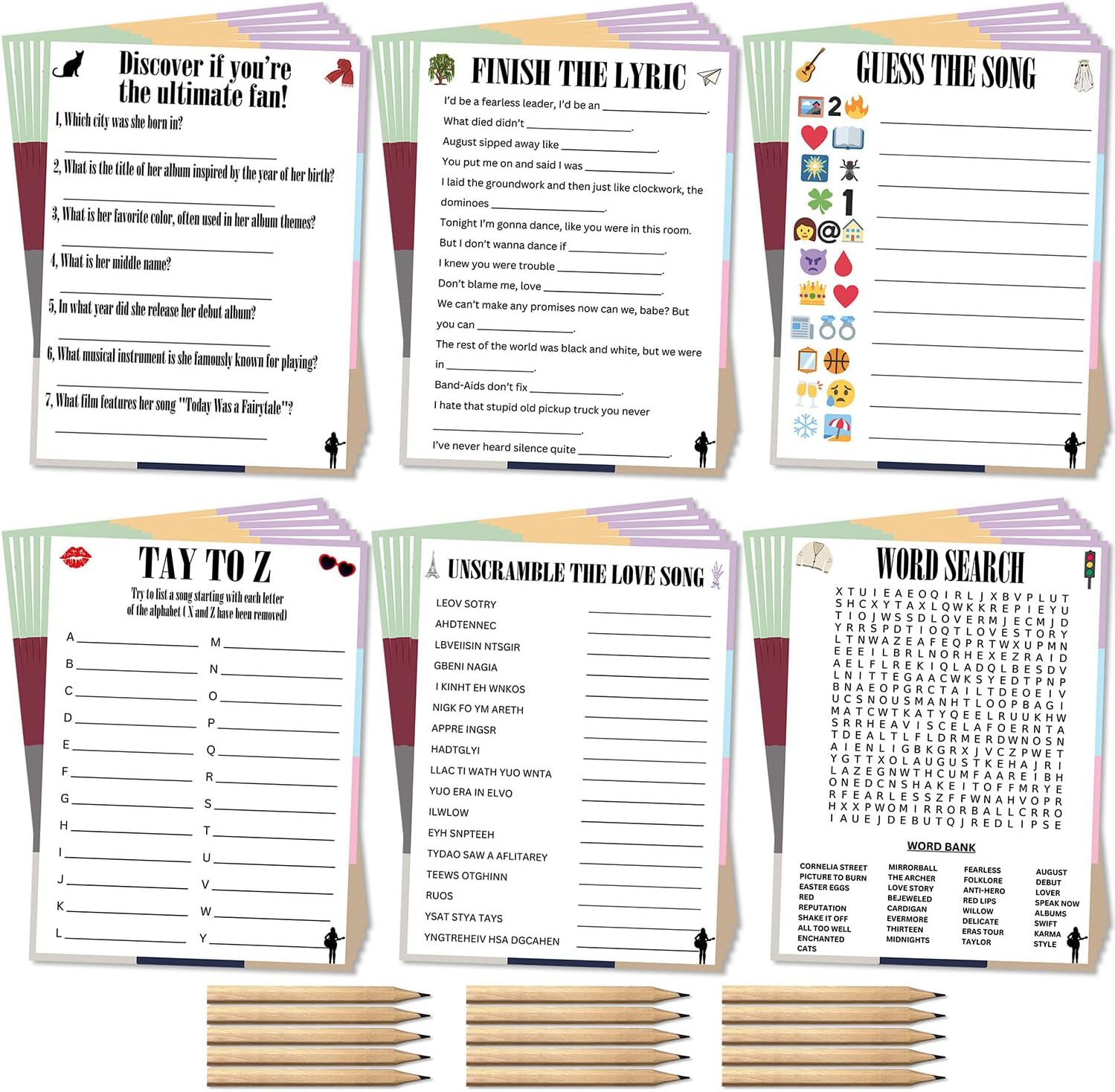Taylor Birthday Party Favor Set with 15 Games and Pencils