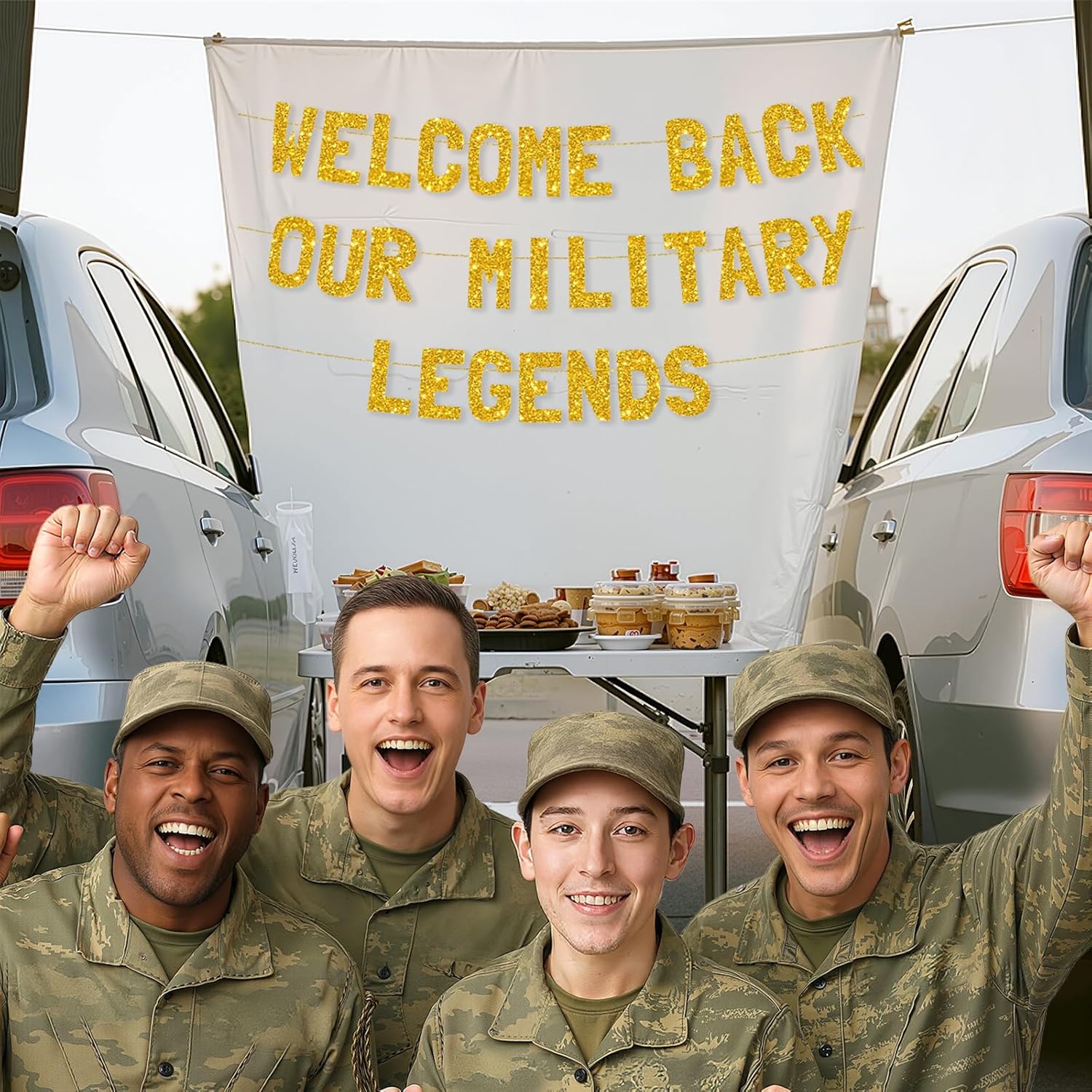 Meowoo Patriotic Welcome Banner with Gold Glitter Letters