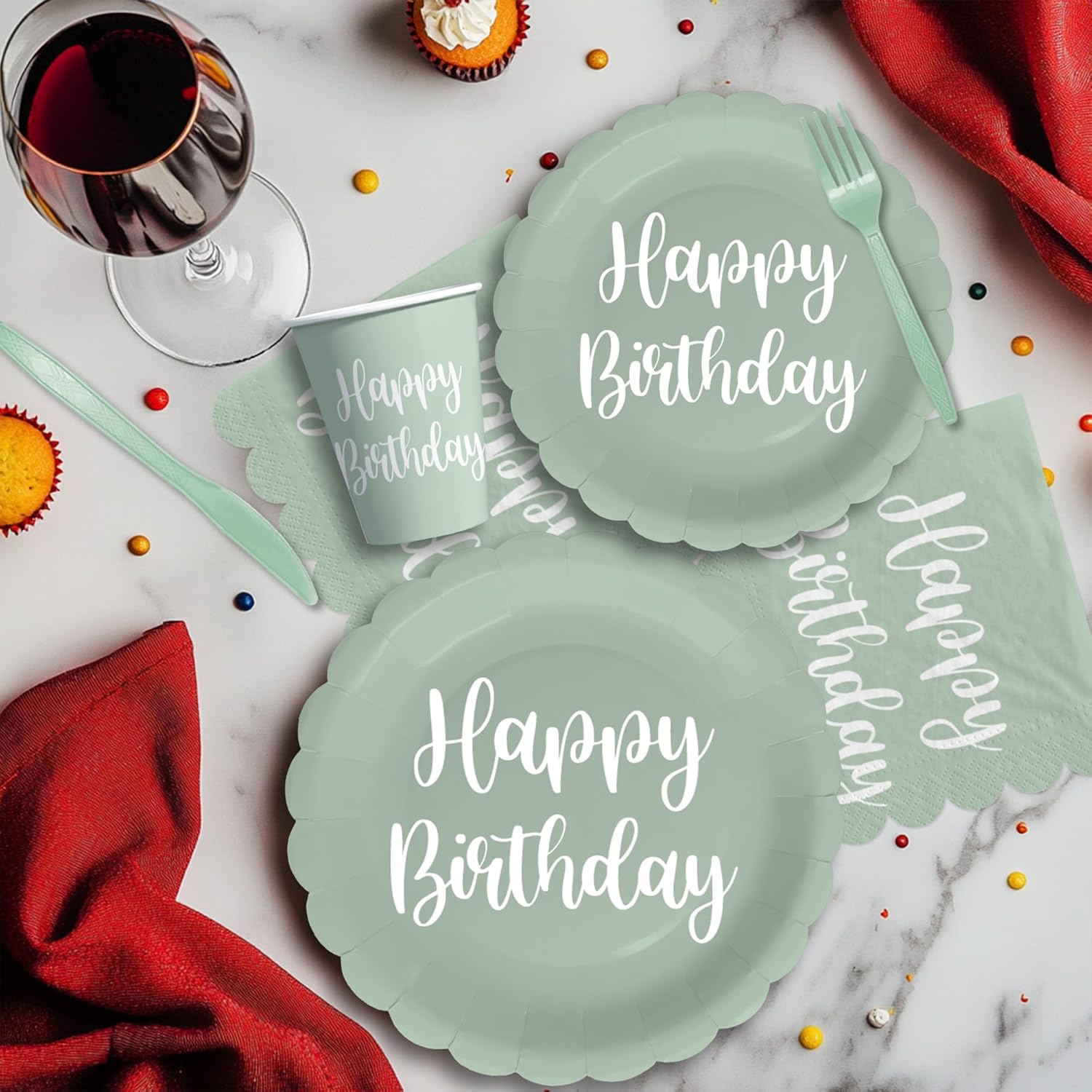 Sage Green Birthday Party Decorations Set for 24