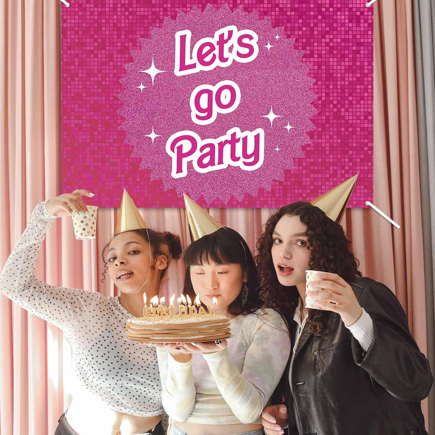 Pink Birthday Party Decorations Lets Go Backdrop Banner
