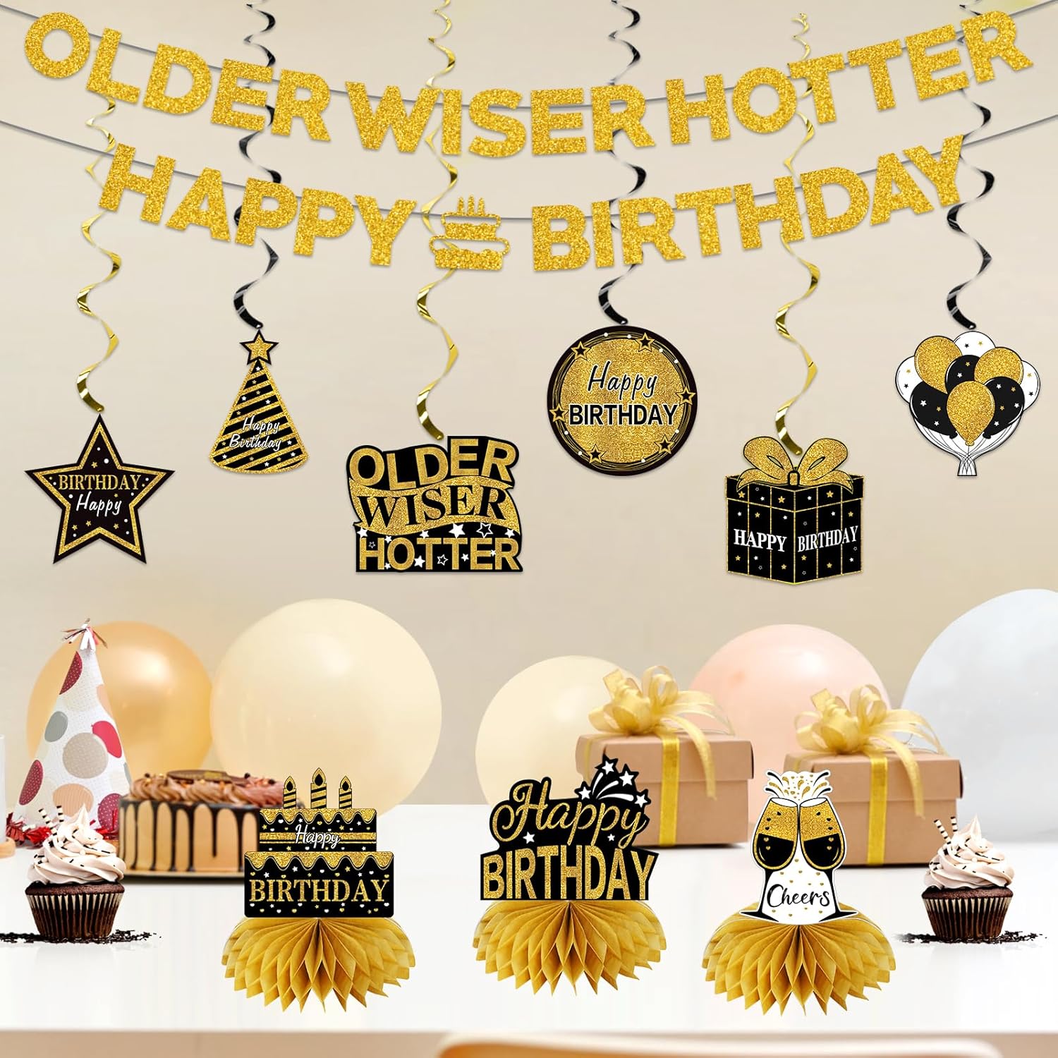 11Pcs Happy Birthday Decor Kit Black Gold