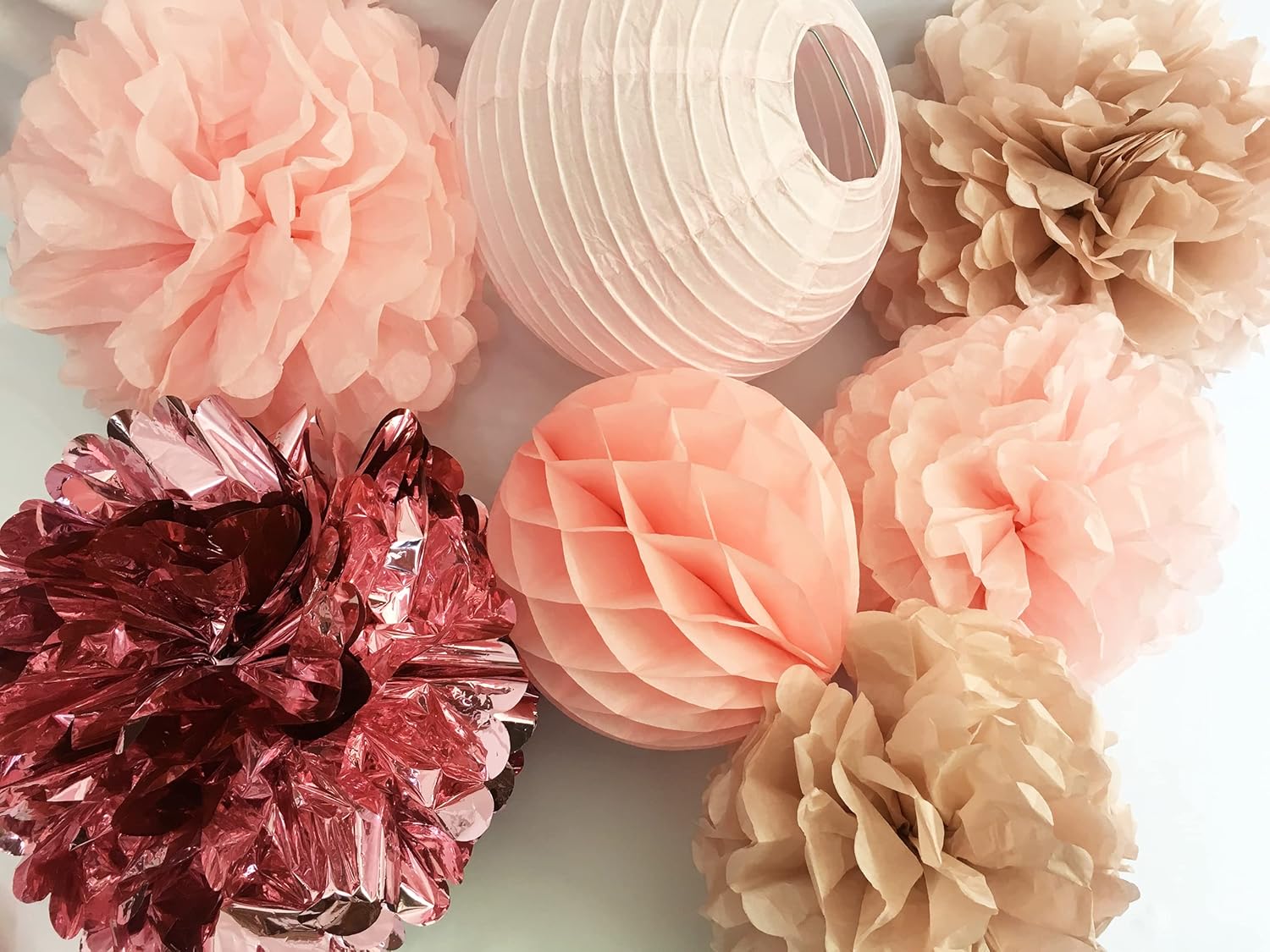 Blush Chrome Hanging Decorations - 12inch Pom Poms and Paper Lanterns