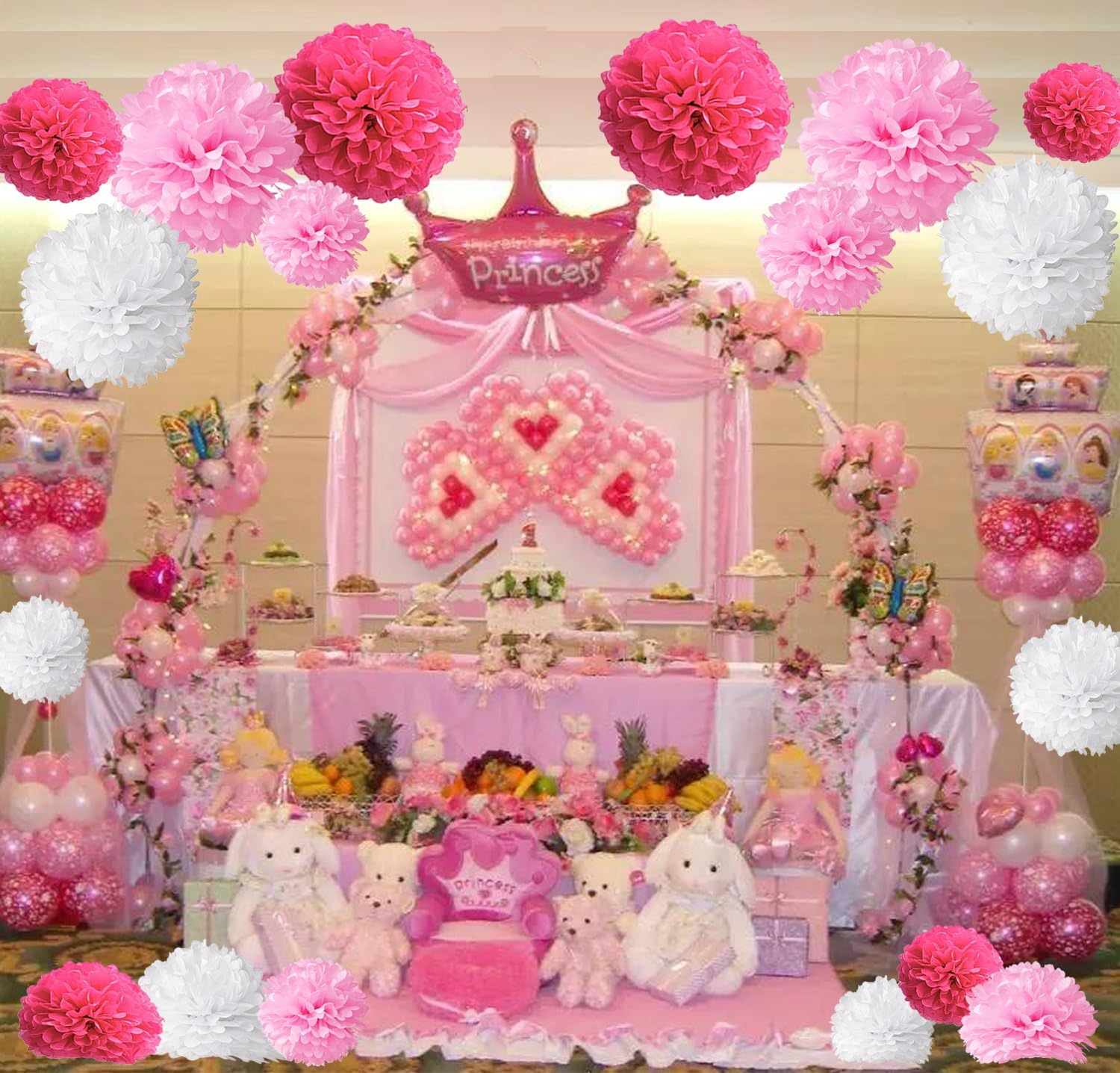 Tissue Paper Pom Poms 18 Pcs Rose Red Pink and White