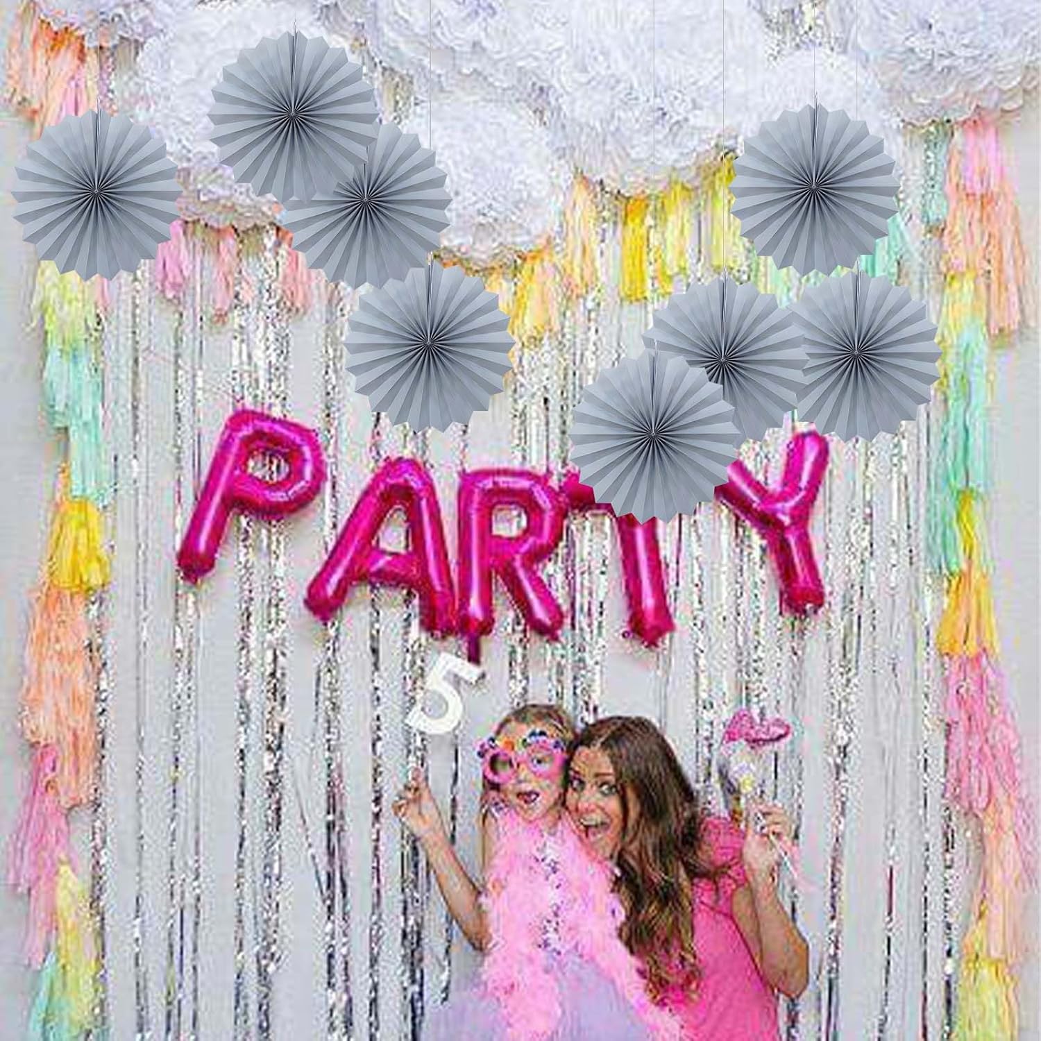 Gray Party Decorations 12in Hanging Fans DIY Set
