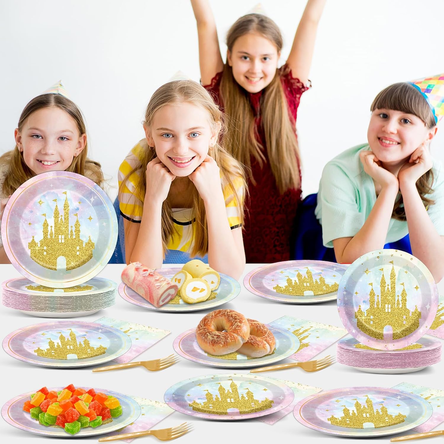 200Pcs Princess Castle Party Plates Napkins Forks Set for 50 Guests