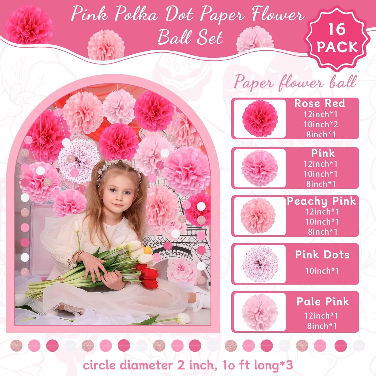 Pink Party Decorations Set with Pom Poms and Garland