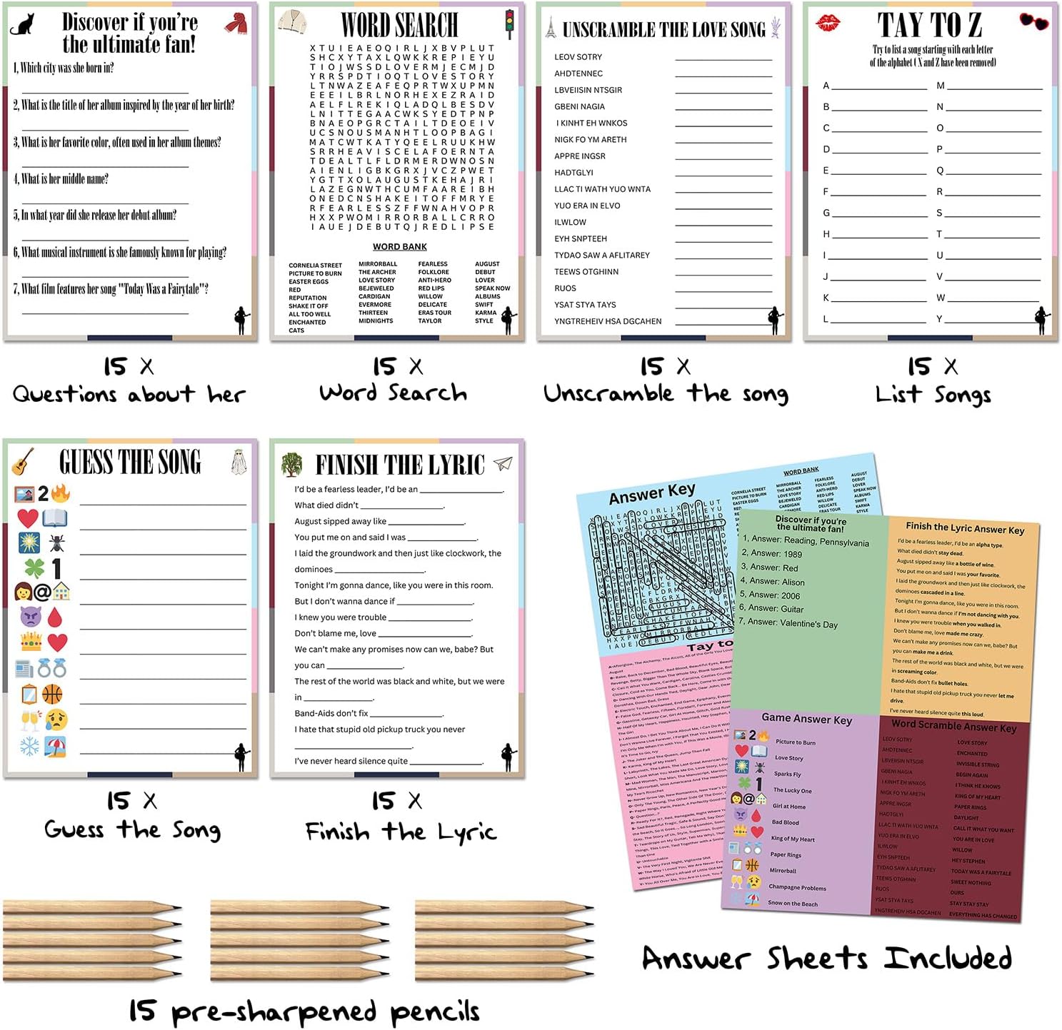 Taylor Birthday Party Favor Set with 15 Games and Pencils