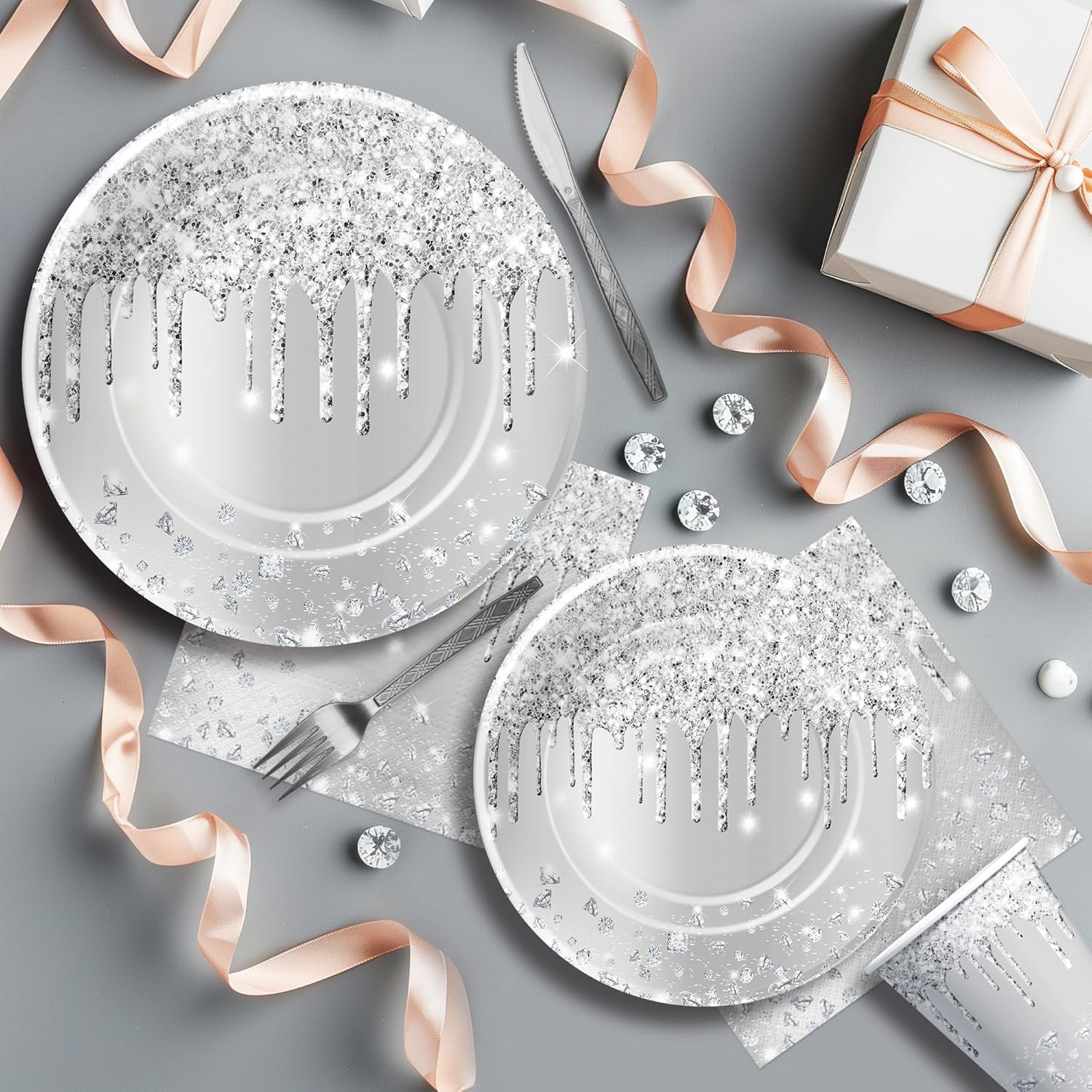 Silver Glitter Party Tableware Set for 24 Guests