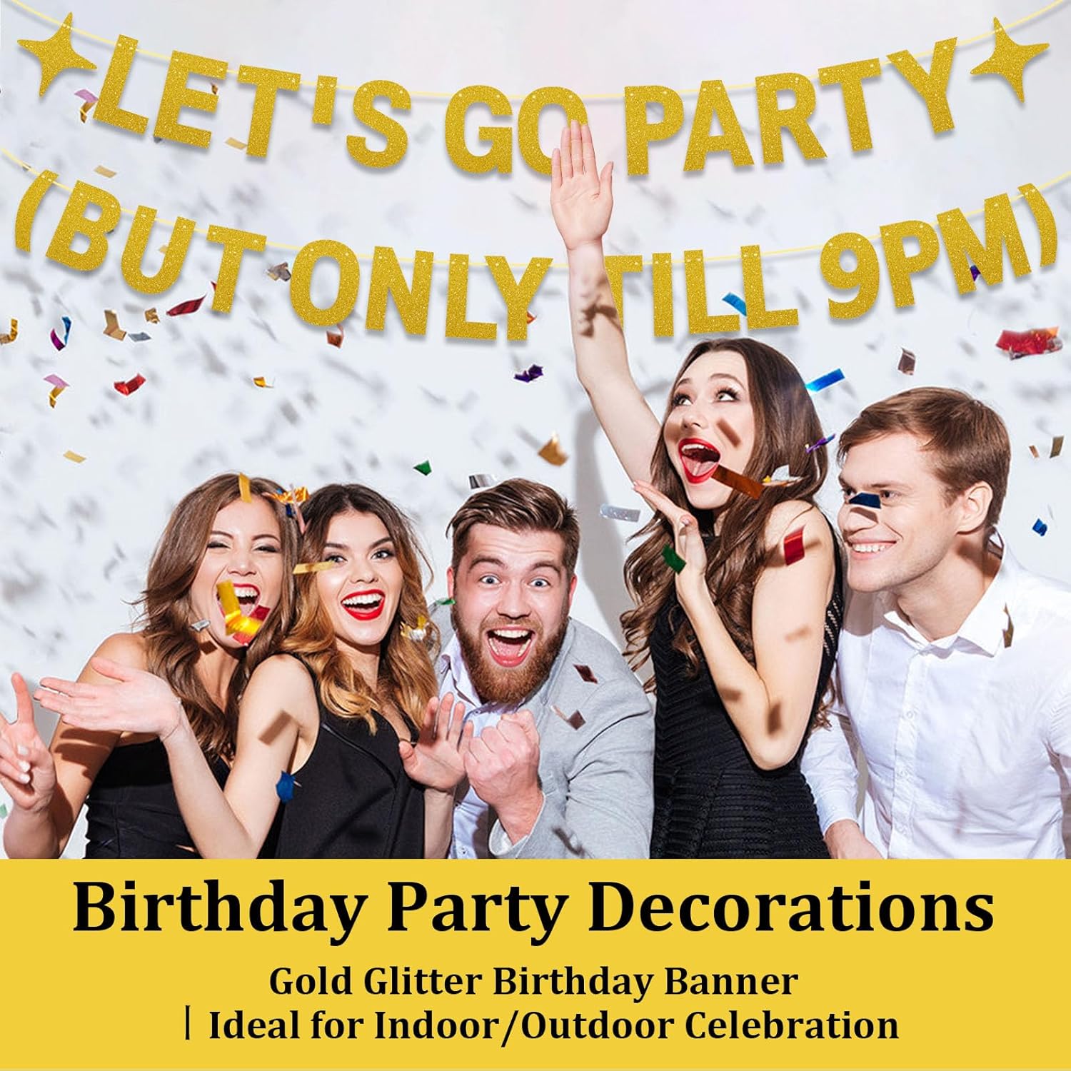 Happy Birthday Banner for Men Women Gold LETS GO PARTY Sign