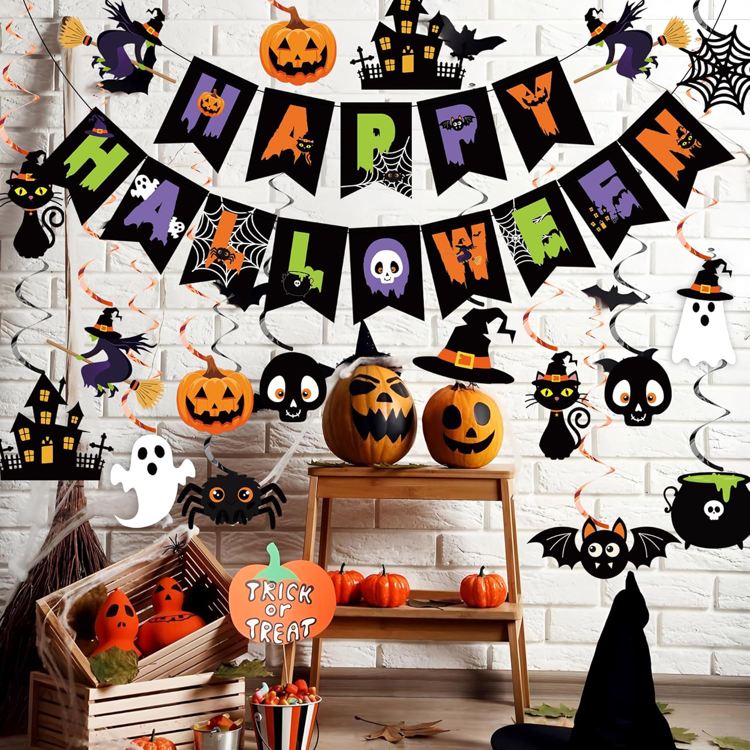 Halloween Party Decorations Happy Banner and Hanging Swirls