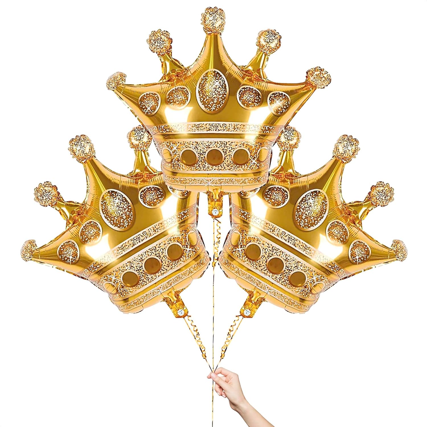 3 Pcs Gold Foil Crown Balloons for Birthday Parties