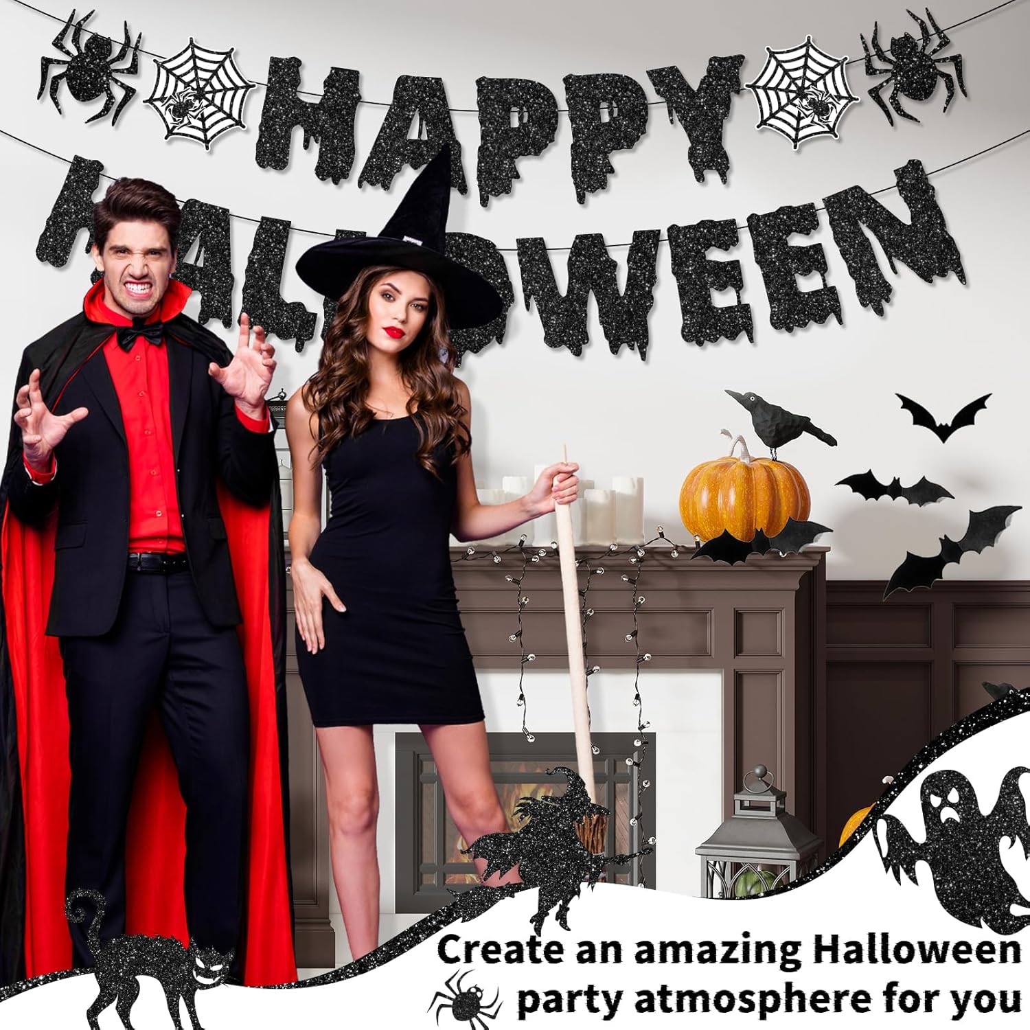 Halloween Hanging Decorations Set with Glitter Banners and Spooky Cutouts