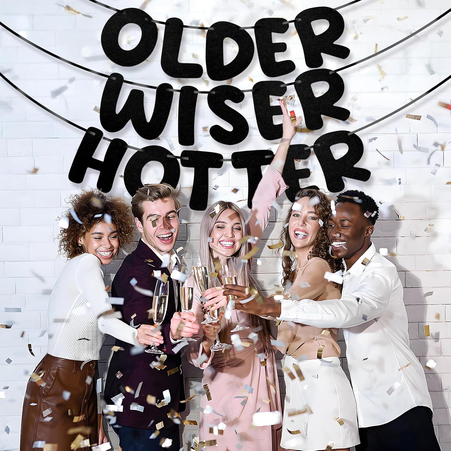 Pre Strung Felt Older Wiser Hotter Birthday Banner - Black - 72 Ft Reusable Garland