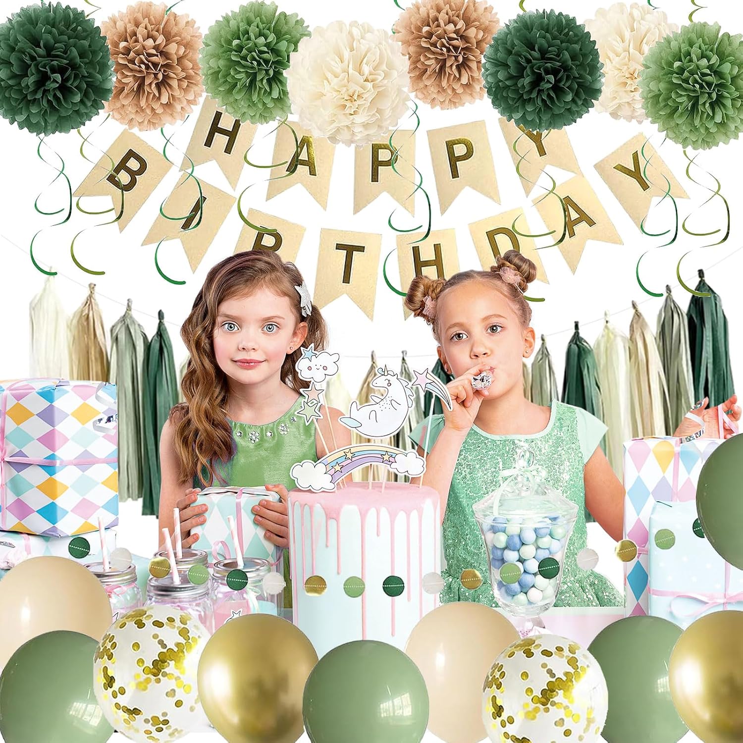 Green Birthday Party Decor Set for Women Girls
