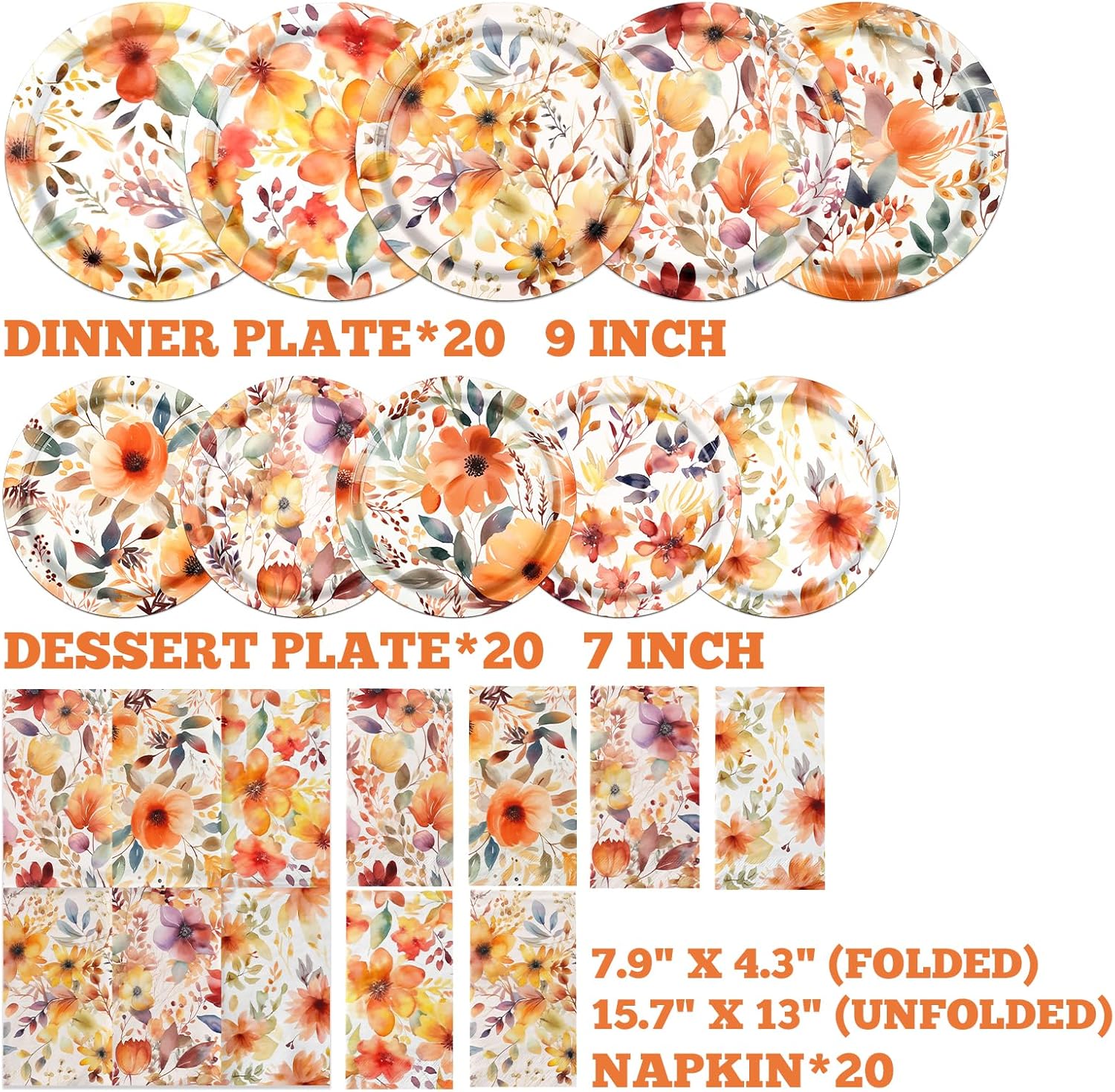 Fall Floral Plates and Napkins Set 60Pcs