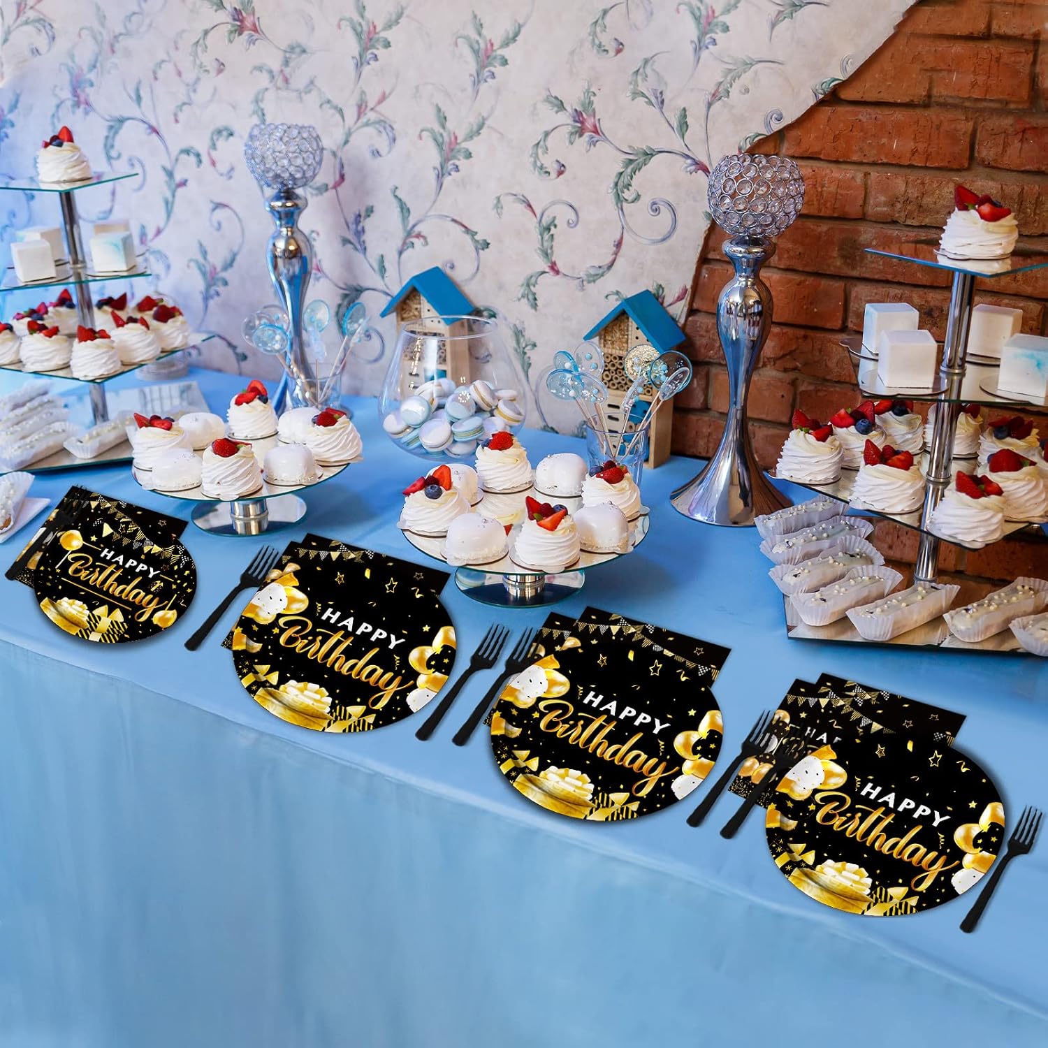 96 Pcs Black Gold Birthday Party Tableware Set for 24 Guests