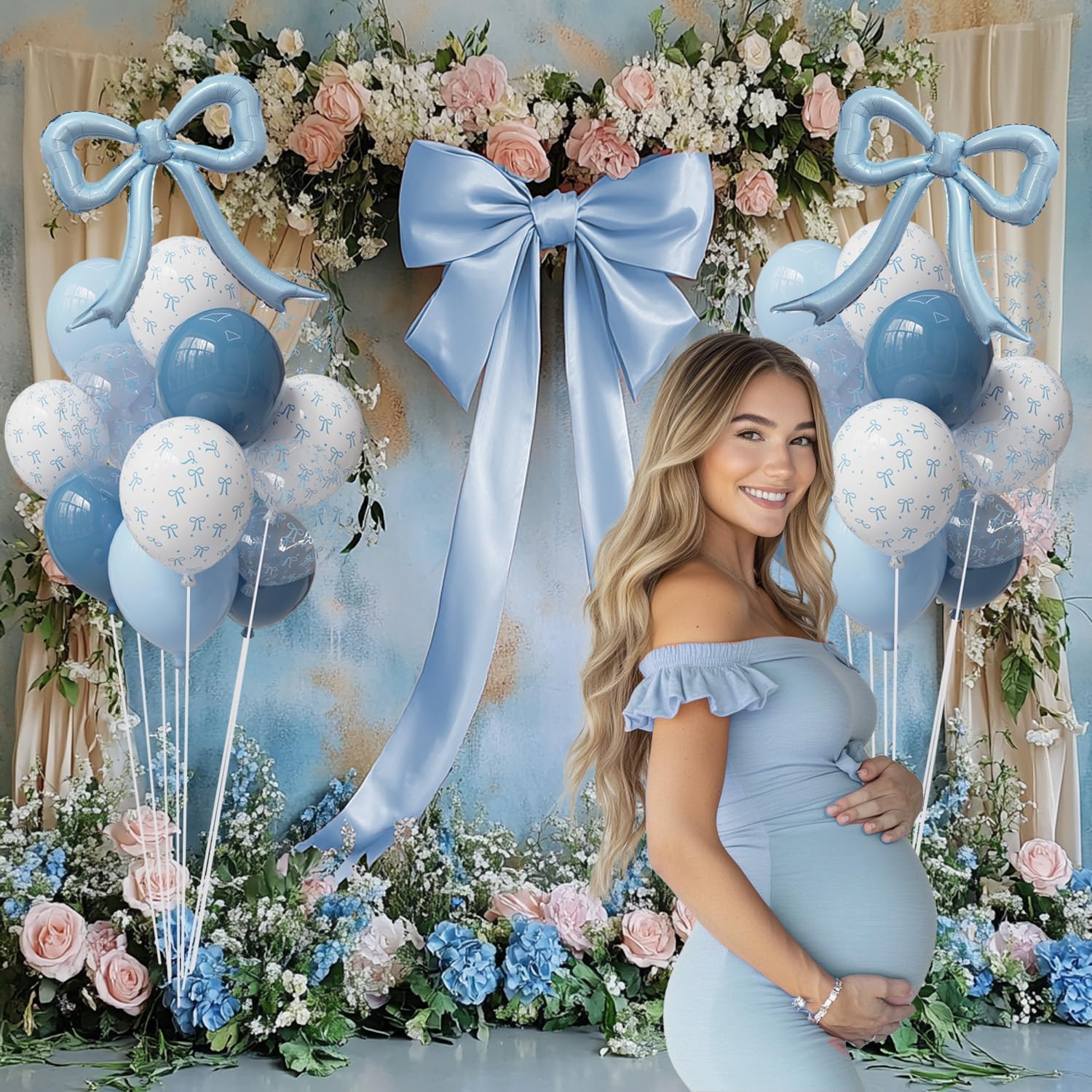 4pcs Dusty Blue Bow Foil Balloons Set