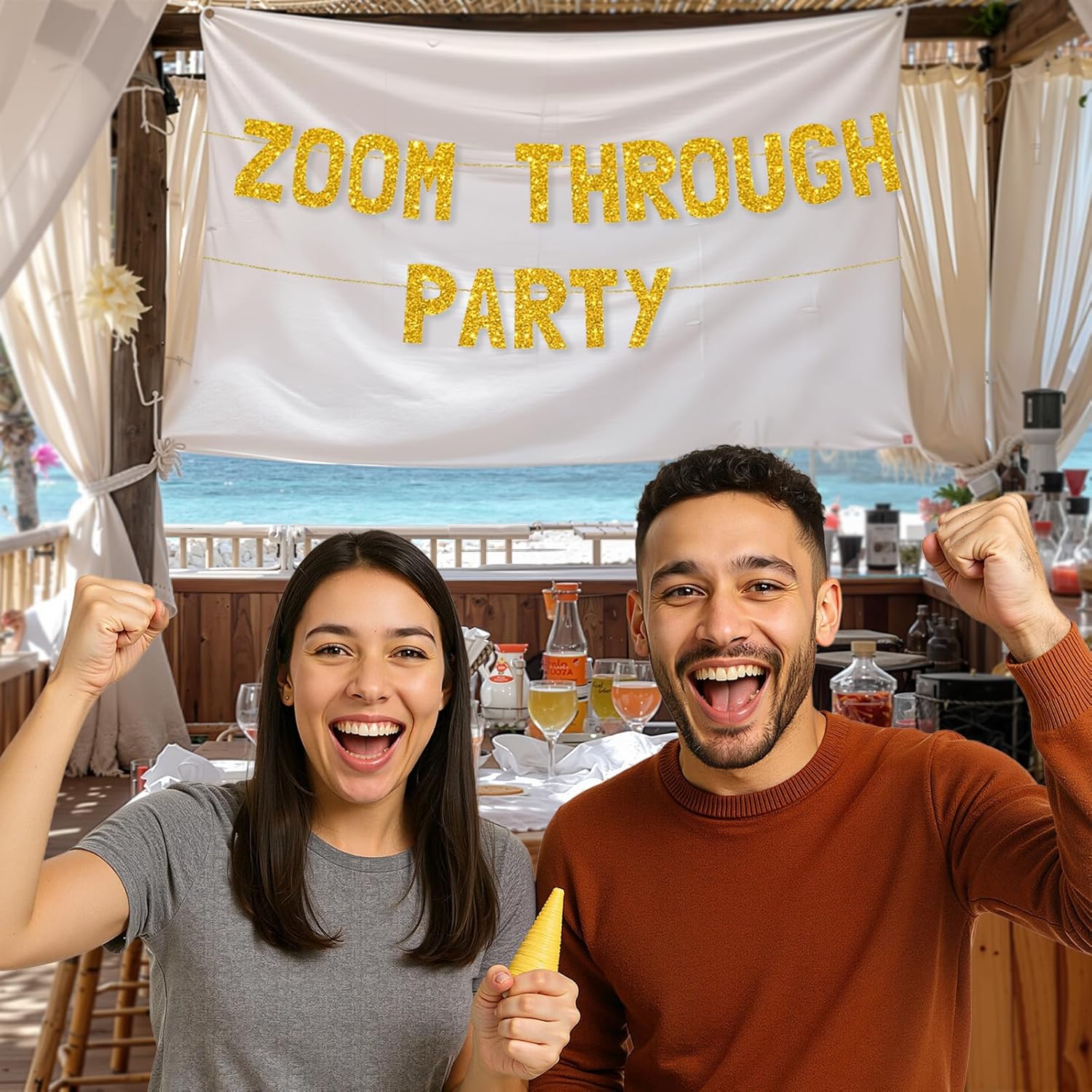 Meowoo Fun Zoom Party Banner with Gold Glitter Letters
