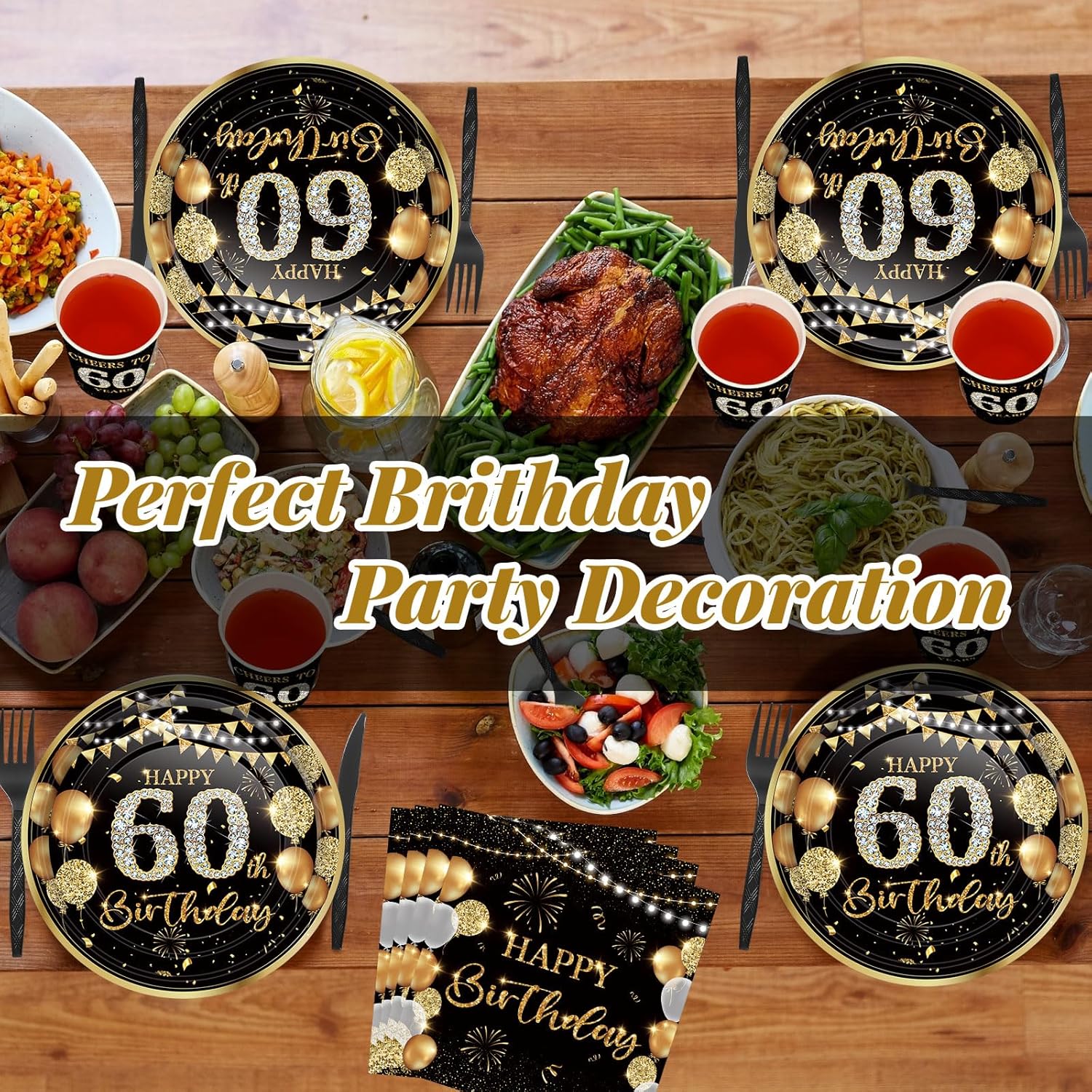 240 Pcs 60th Birthday Party Tableware Set Black Gold