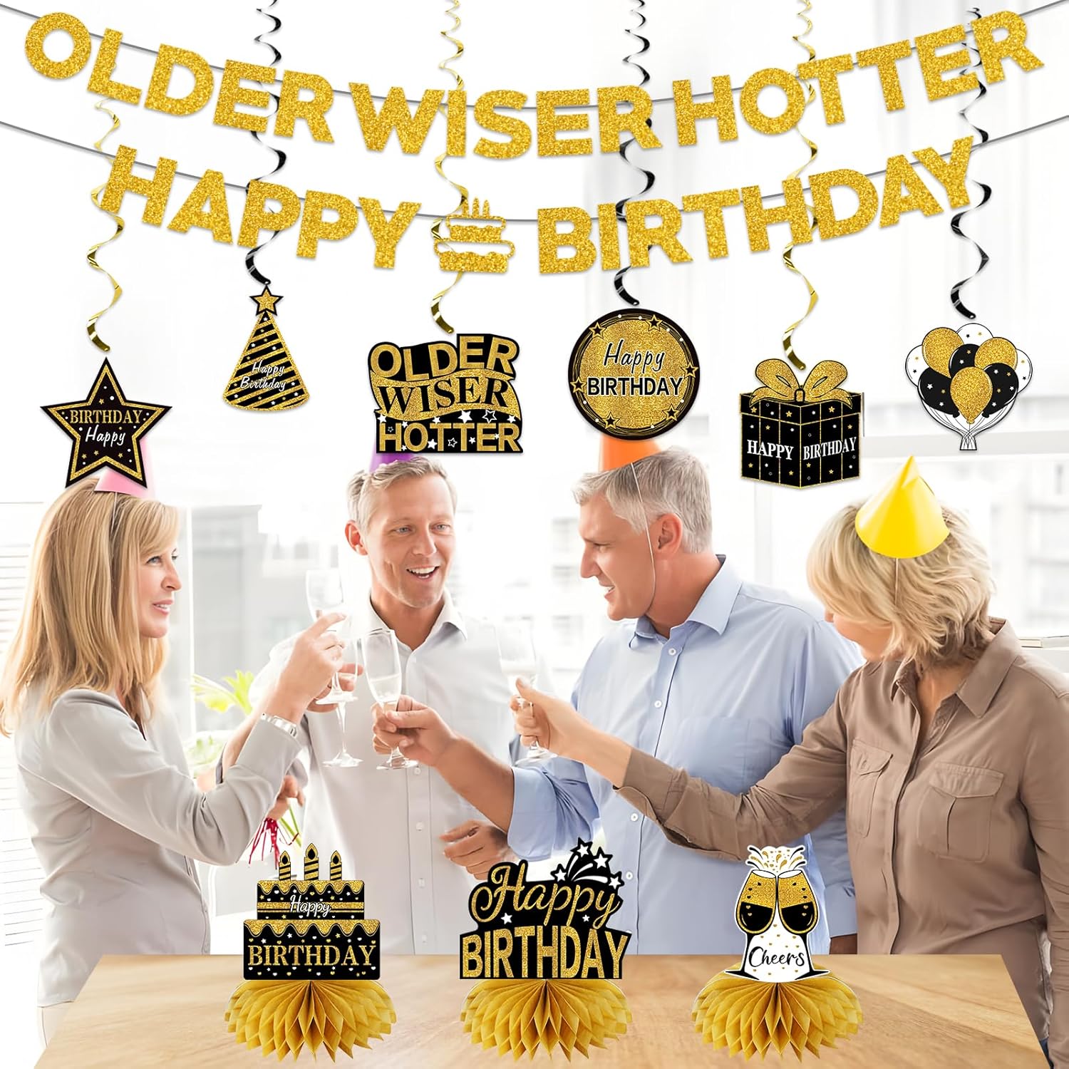 11Pcs Happy Birthday Decor Kit Black Gold