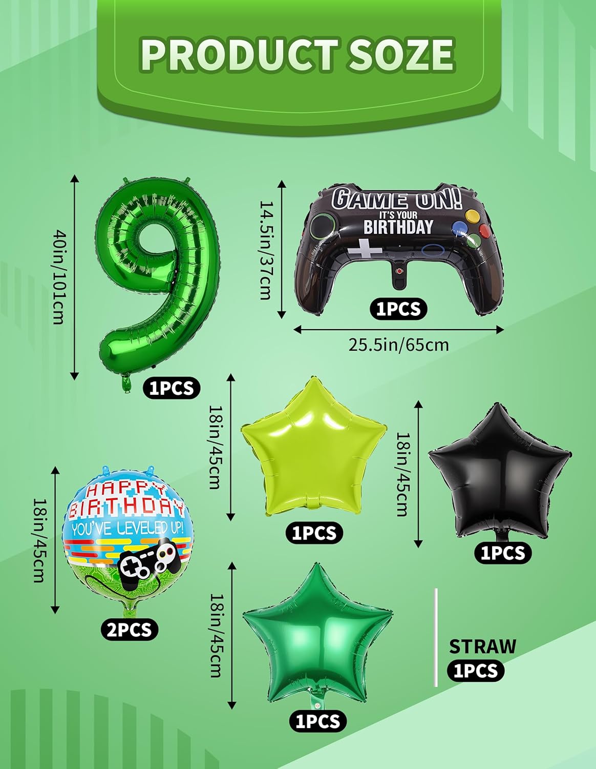 40 Inch Green Pixel Number 9 Balloon Set 7Pcs