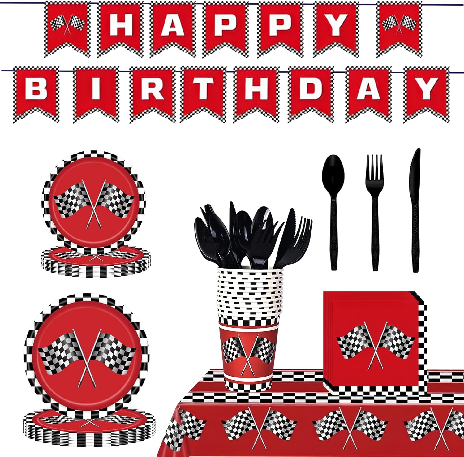 Racing Birthday Party Supplies for Kids Red Black Checkered Tableware Set