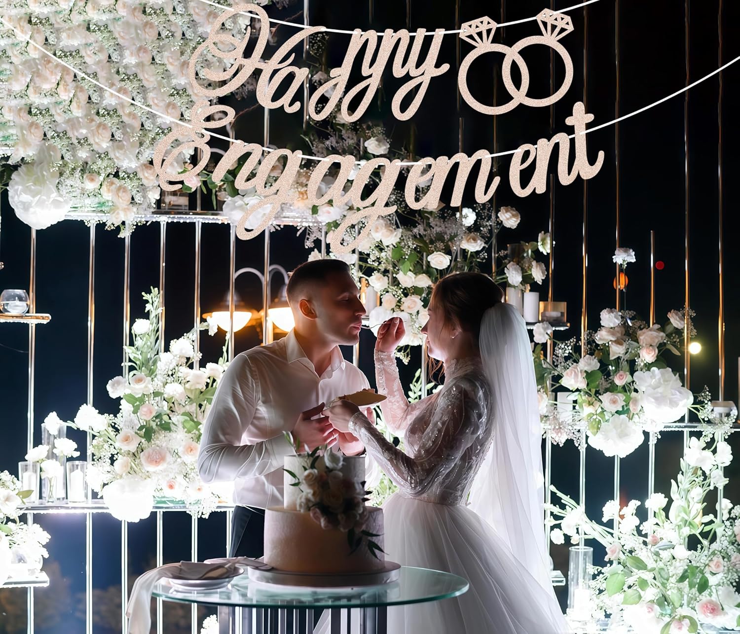 Pre-Strung Happy Engagement Banner - Rose Gold Glitter