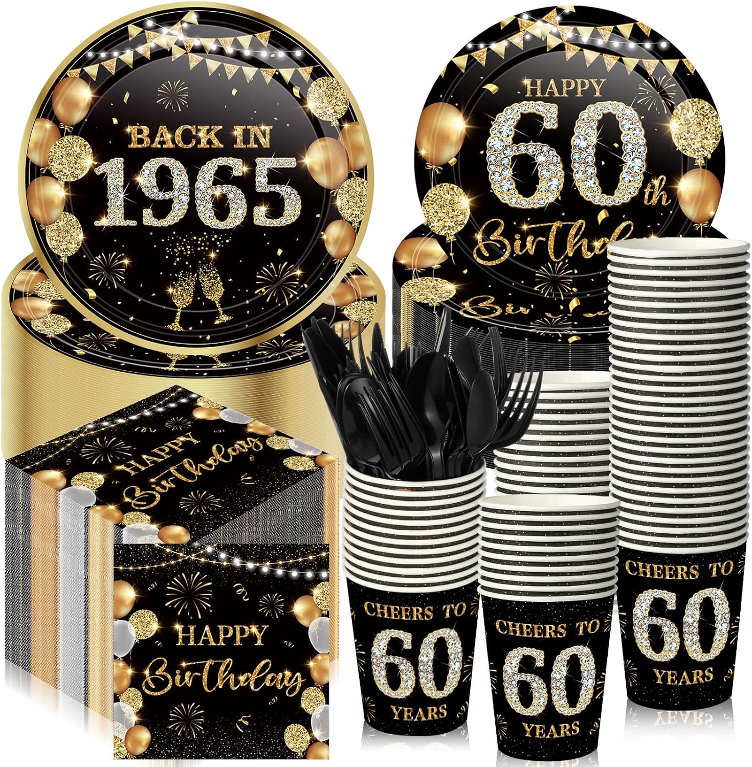 240 Pcs 60th Birthday Party Tableware Set Black Gold