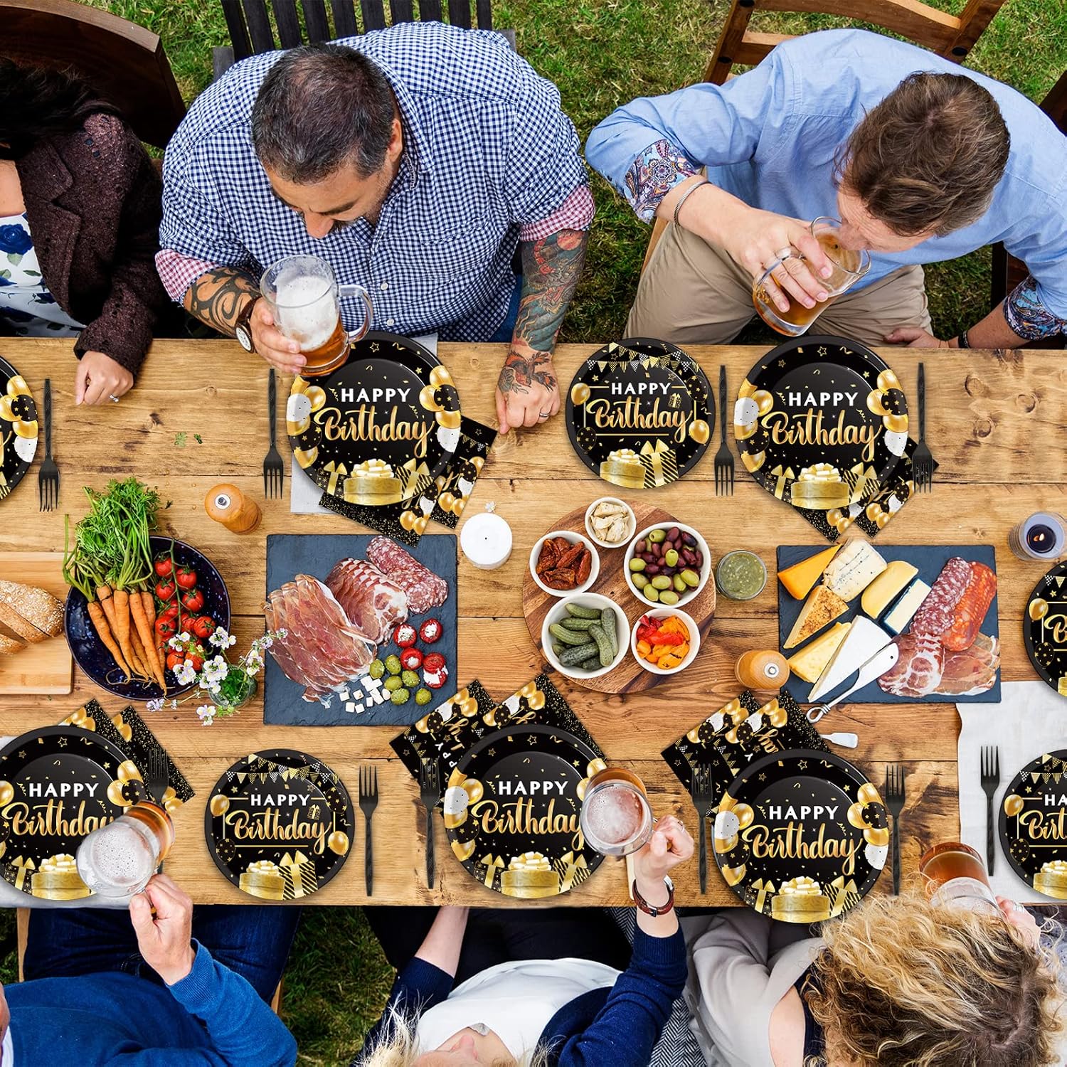 96 Pcs Black Gold Birthday Party Tableware Set for 24 Guests