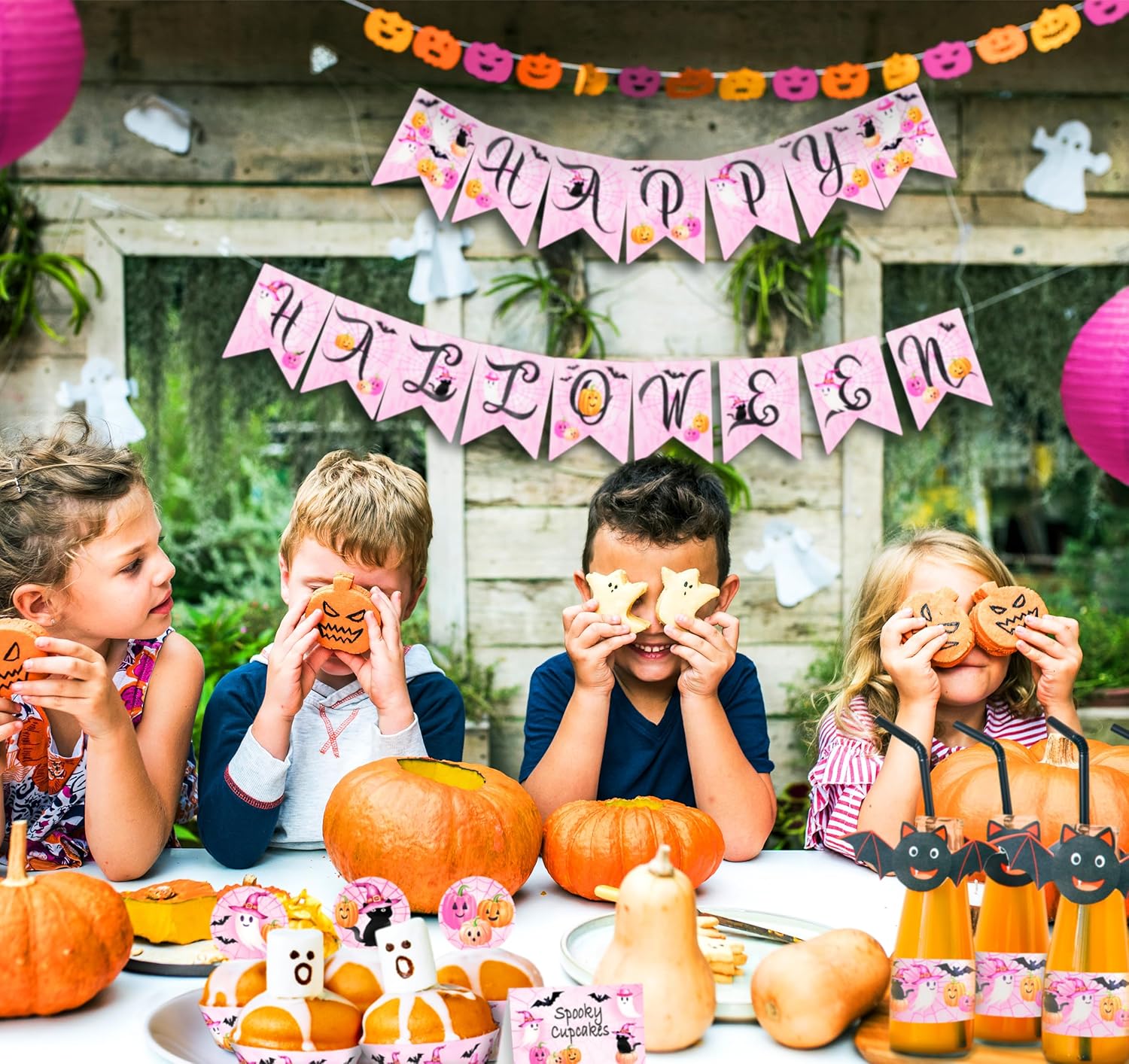 Pink Halloween Banner with 15 Flags and 12ft Ribbon