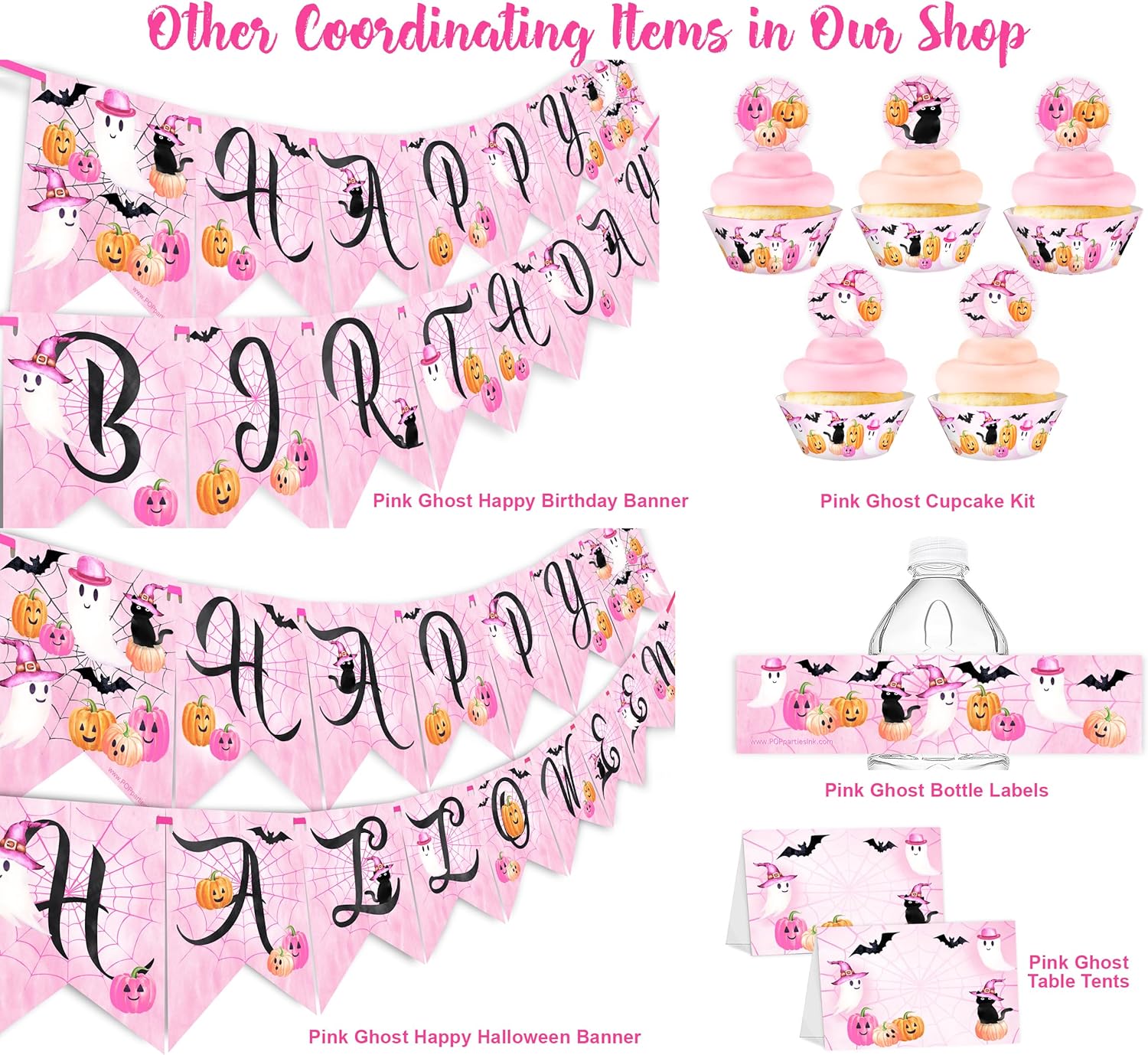 Pink Halloween Banner with 15 Flags and 12ft Ribbon