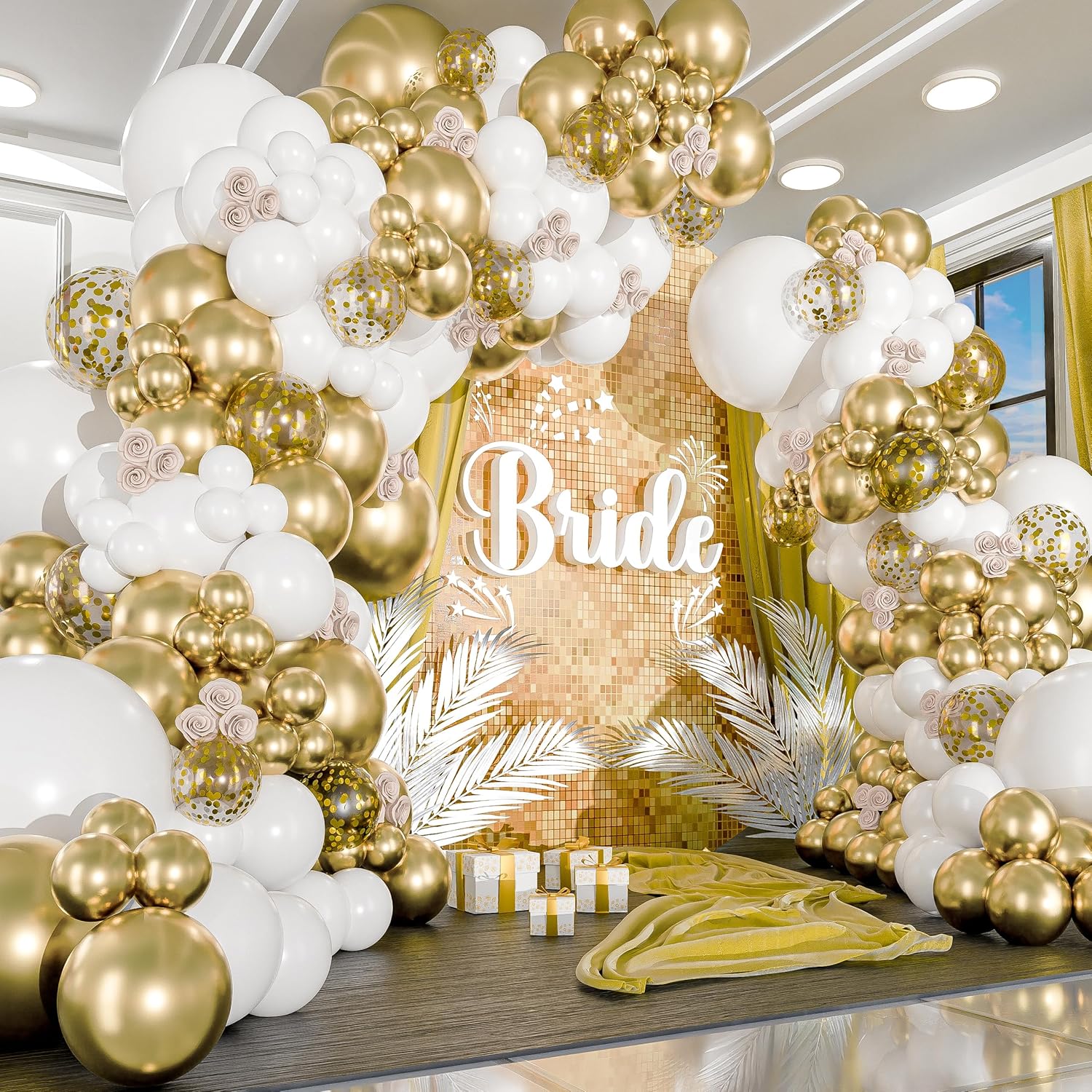 ALL-IN-ONE White and Gold Balloons Garland Arch Kit