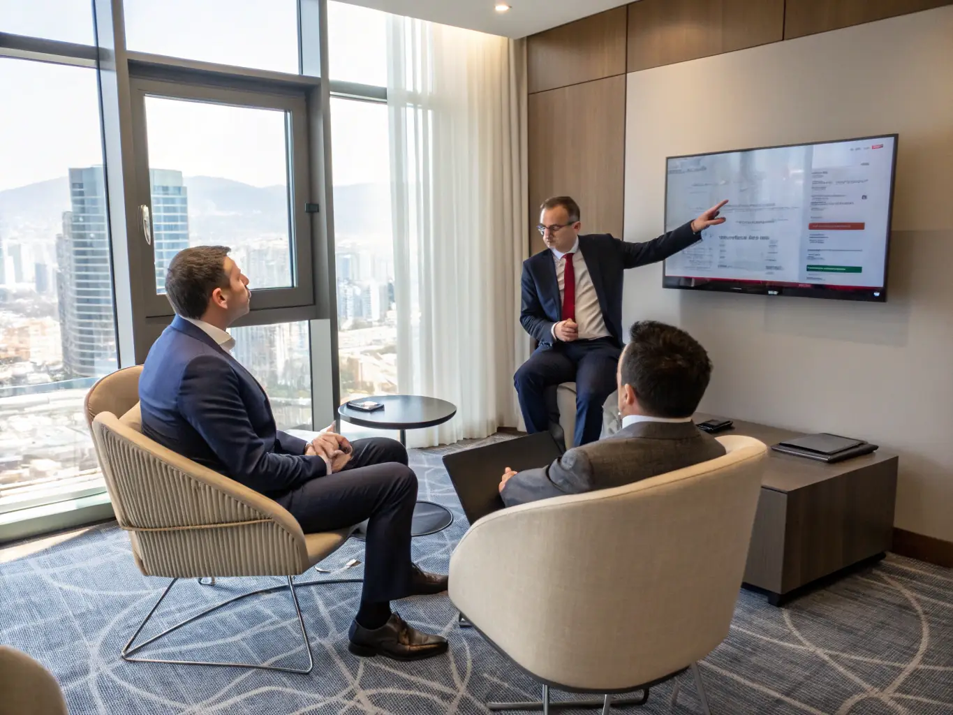 A consultant discussing technology strategies with a client in a modern office setting, emphasizing collaboration and expertise.