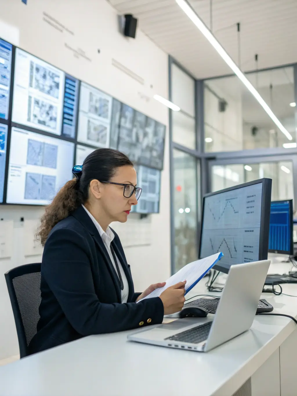 A cybersecurity expert reviewing network security protocols on a computer screen.