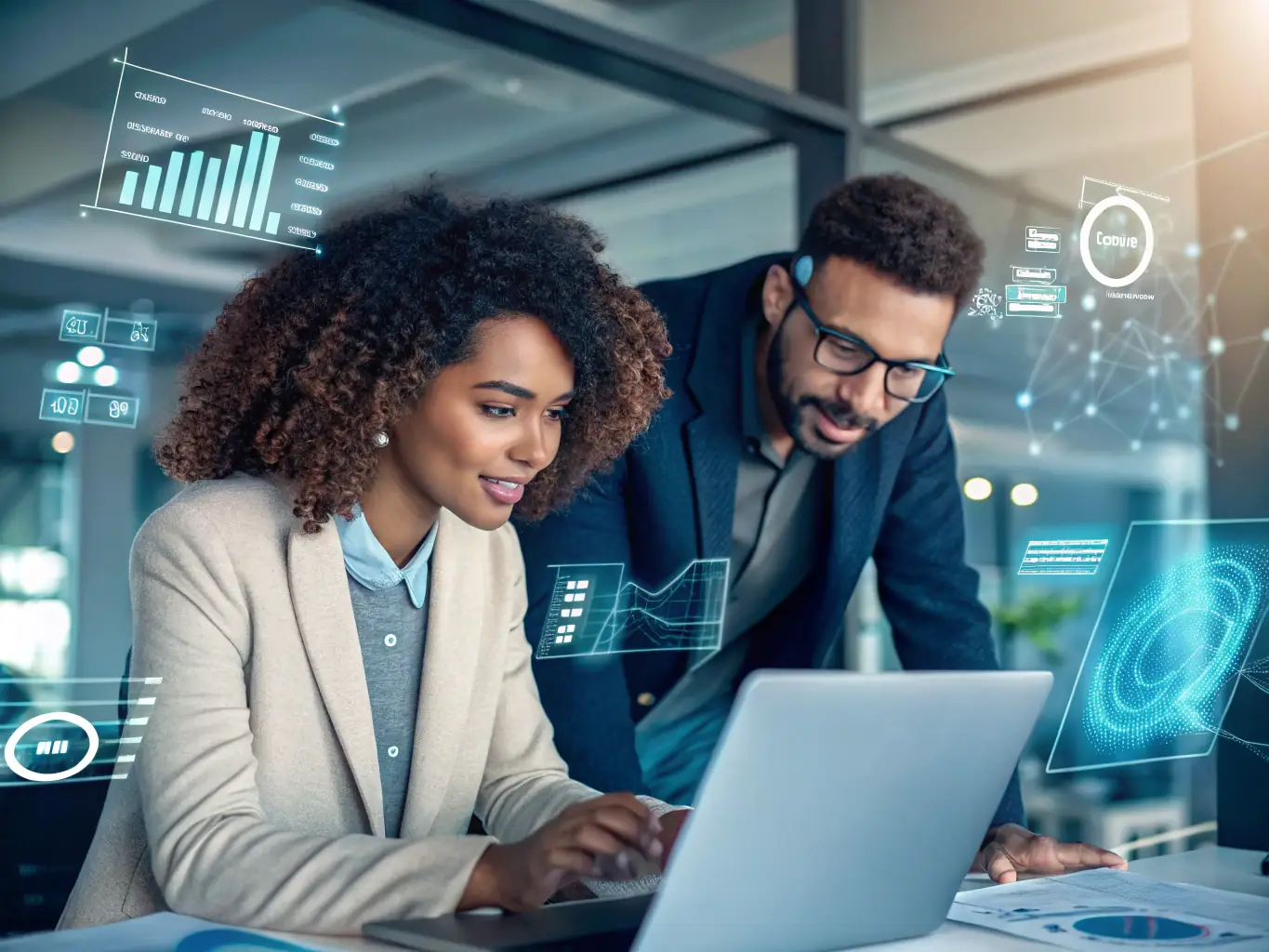 A team collaborating on a digital transformation project with digital tools and charts, showcasing innovation and teamwork.