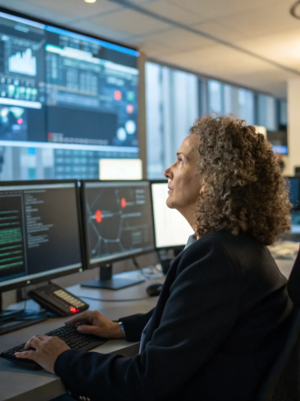 A cybersecurity expert analyzing network traffic and security protocols on a computer screen, with a focus on threat detection and data protection.