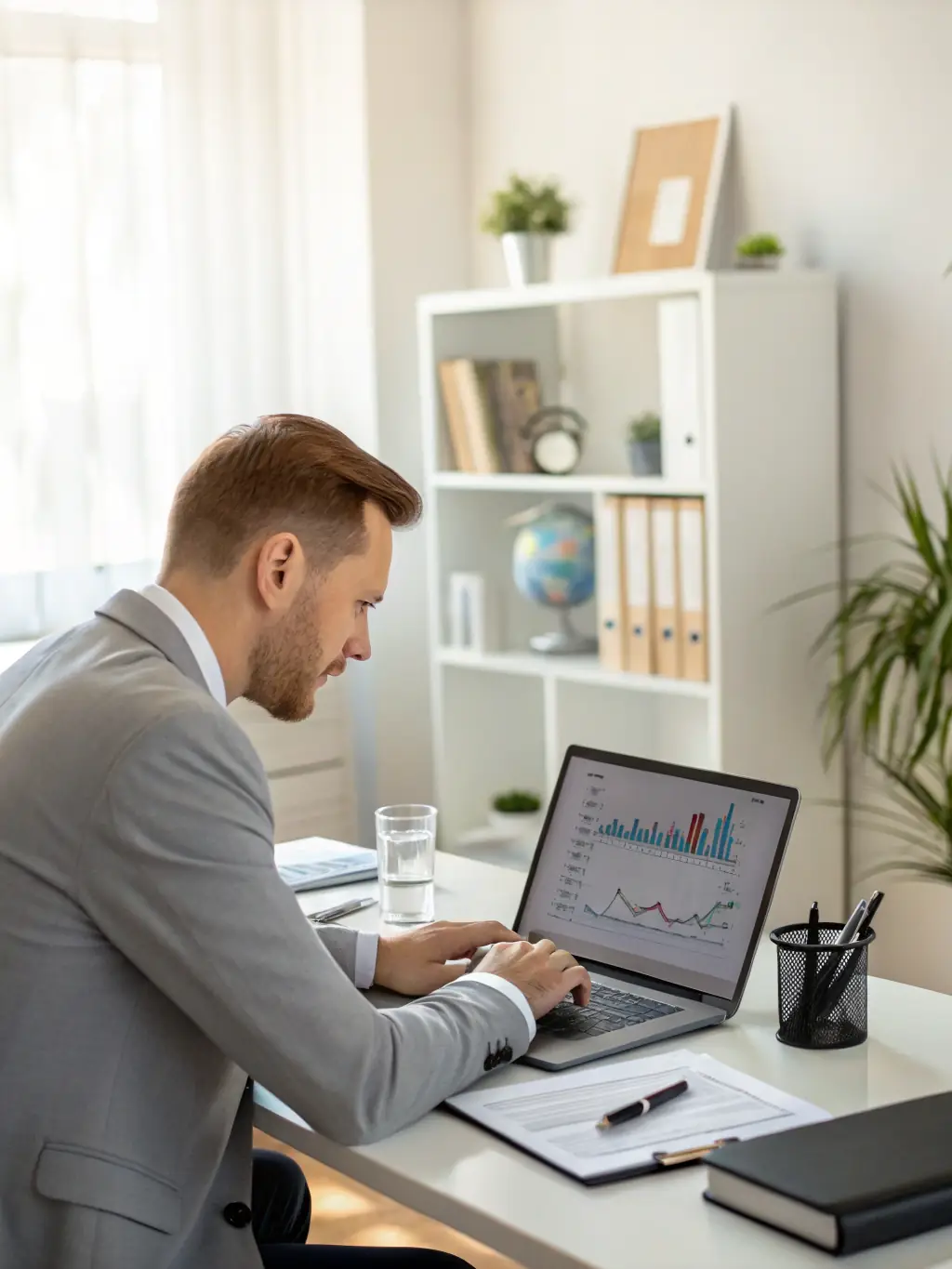A consultant analyzing data on a laptop, representing data analytics consulting services.