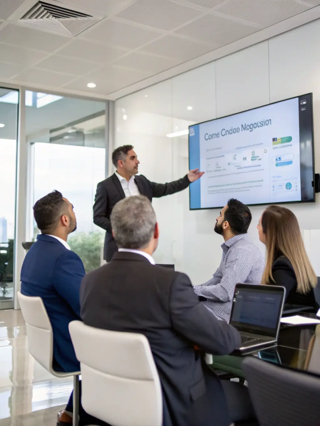 A consultant presenting a cloud migration plan to a client in a boardroom.