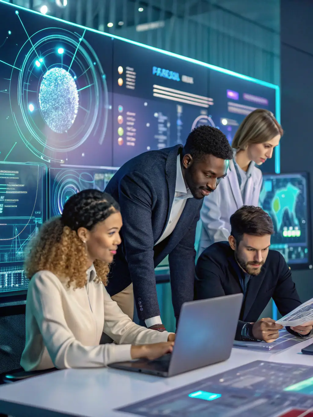 A diverse team collaborating on a digital transformation project, using tablets and interactive displays to visualize data and plan implementation strategies.